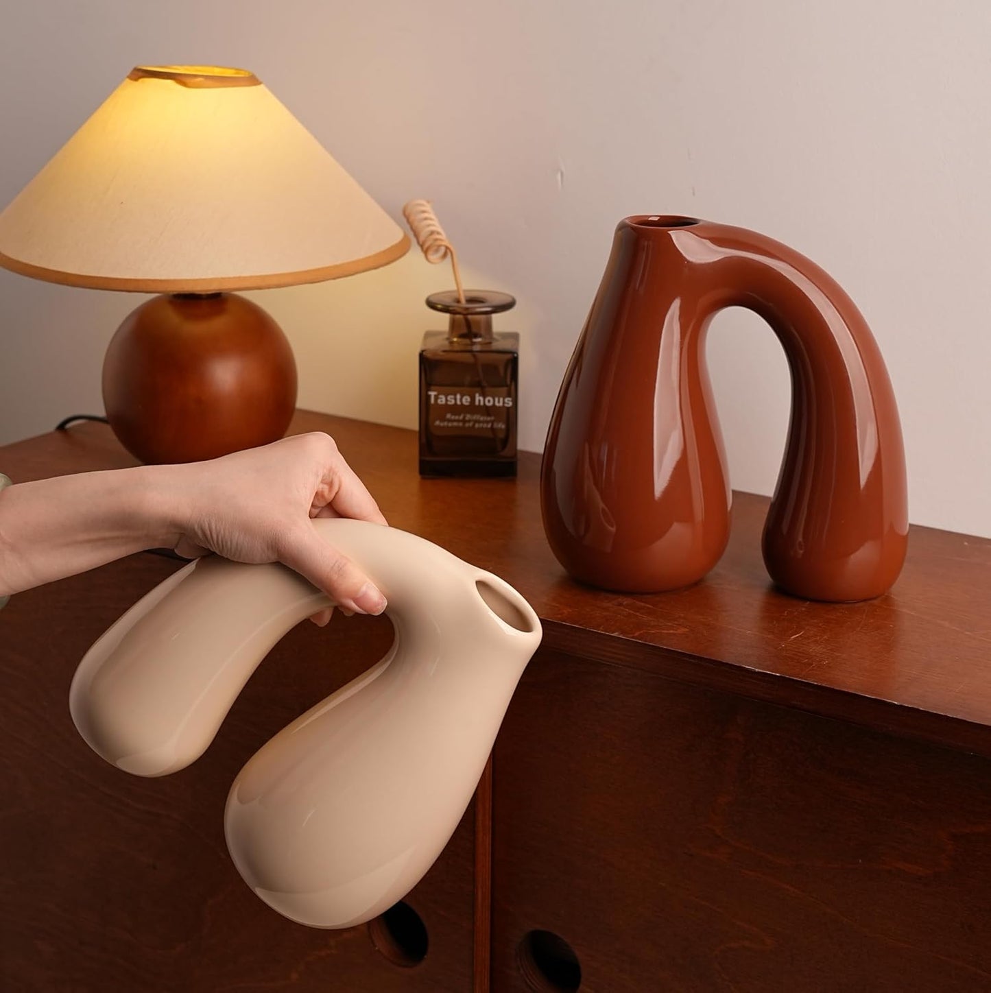 White (Ivory) Ceramic Vase – Glossy Modern Sculptural Décor, Arch Handle Artistic Design, Premium Minimalist Accent for Table, Shelf, or Entryway (7.5 in, Holds Water)