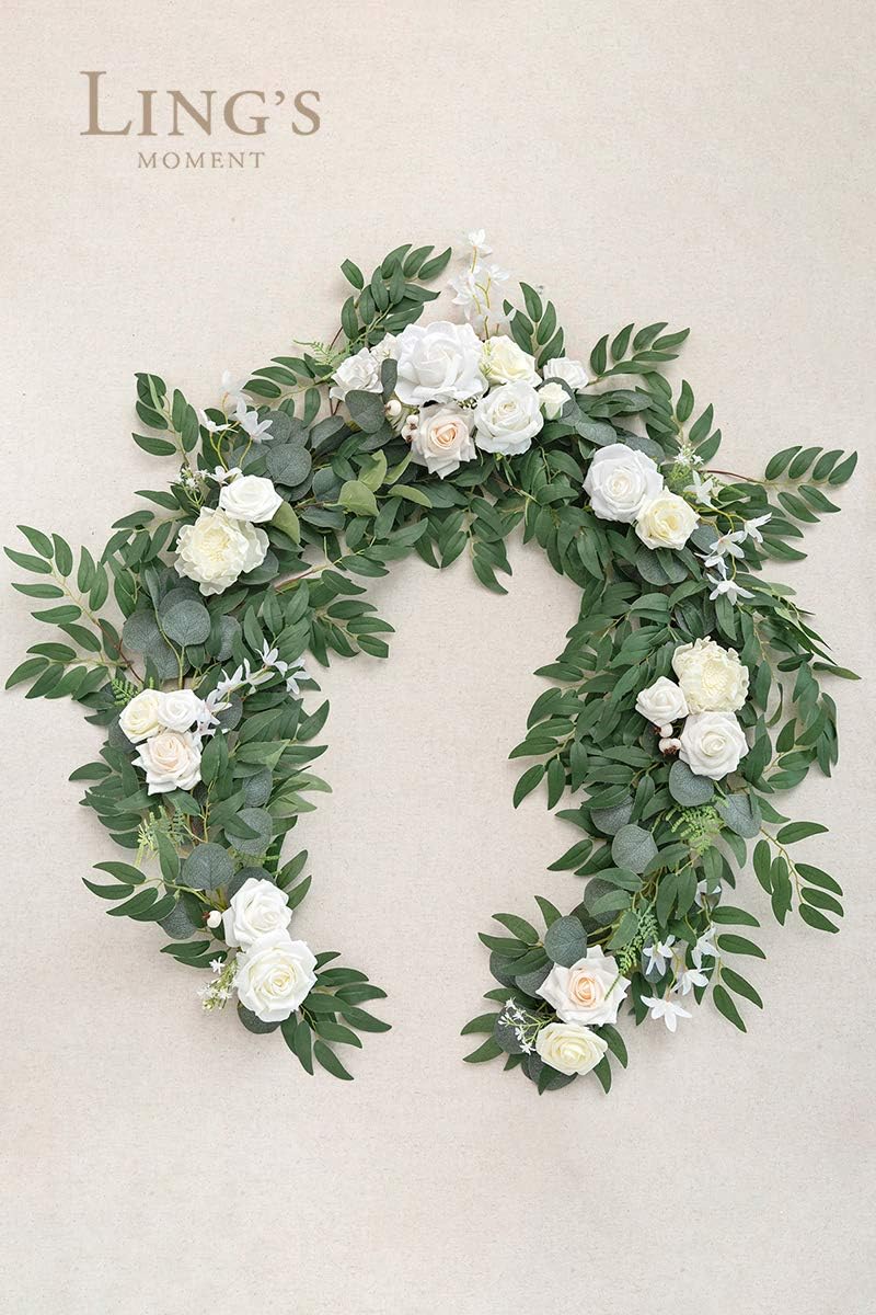 Ling's Moment Flower Garland - 6FT Eucalyptus & Rose - Sweetheart Table Decor for Wedding Reception, Artificial Floral Garland for Mantle, Spring Garden Ceremony, Christmas Decoration, Ivory White