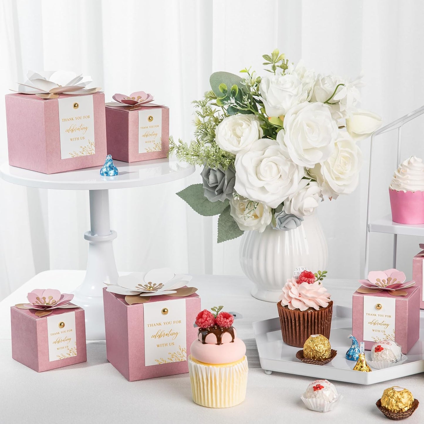 FEIYI 20 PCS Dusty Rose Gift Boxes, 3 In 1 Favor Boxes with Floral Decor, White Thank You Tags Cupcake Containers Gift wrapping for Wedding, Baby Shower, Birthday, Decorations Party - 3.55x3.55x3.55