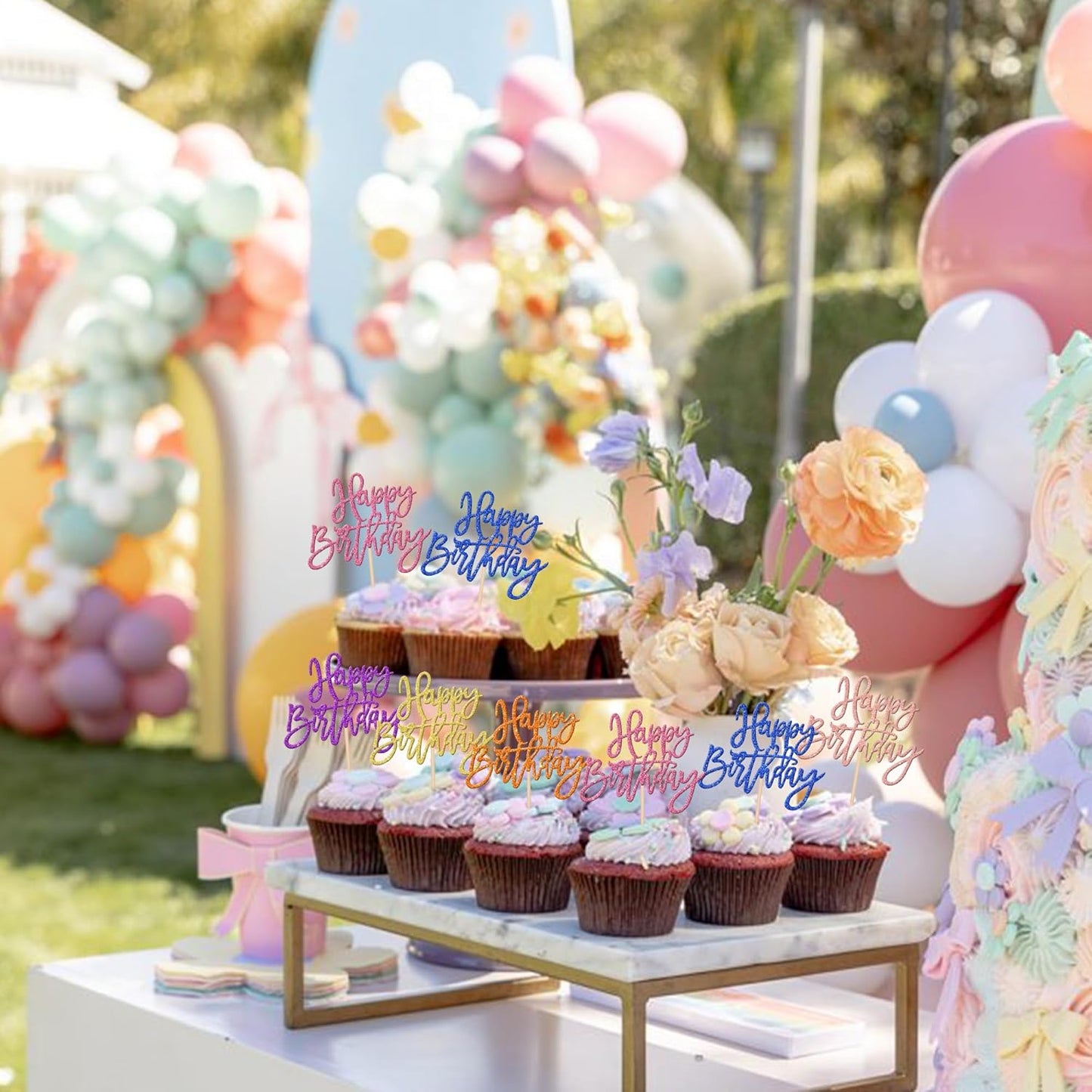 24 PCS Happy Birthday Cupcake Toppers - Multi 6 Colors Glitter Picks for Celebrating Anniversary Theme Party Cake Decorations Supplies