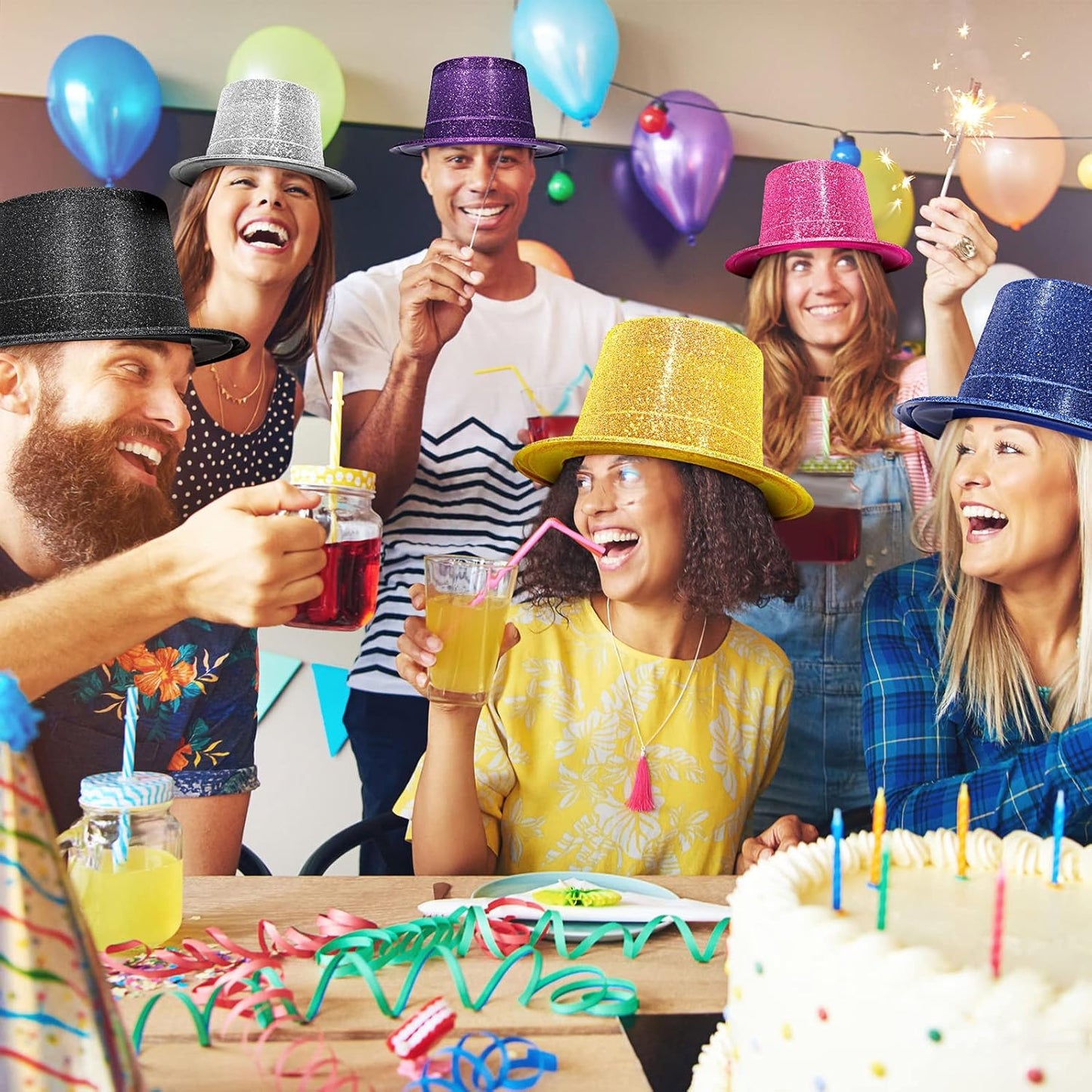 Handepo 12 Pack Bright Glitter Top Hat Mini Fun Party Hats for Adults Halloween Christmas Party Decoration Plastic Assorted Colors for New Years Dress Accessories