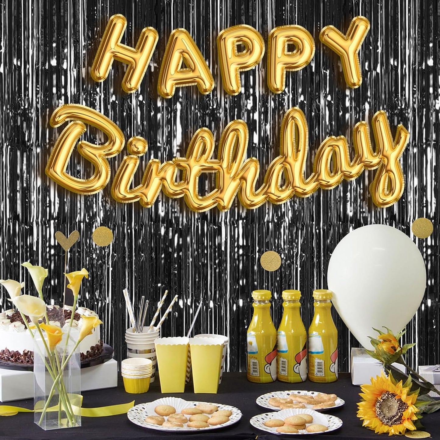 5 Pack Black Fringe Backdrop 3.2ft x 8.2ft Foil Curtain Tinsel Streamers for Birthday Party Decoration Wedding Christmas (Black)