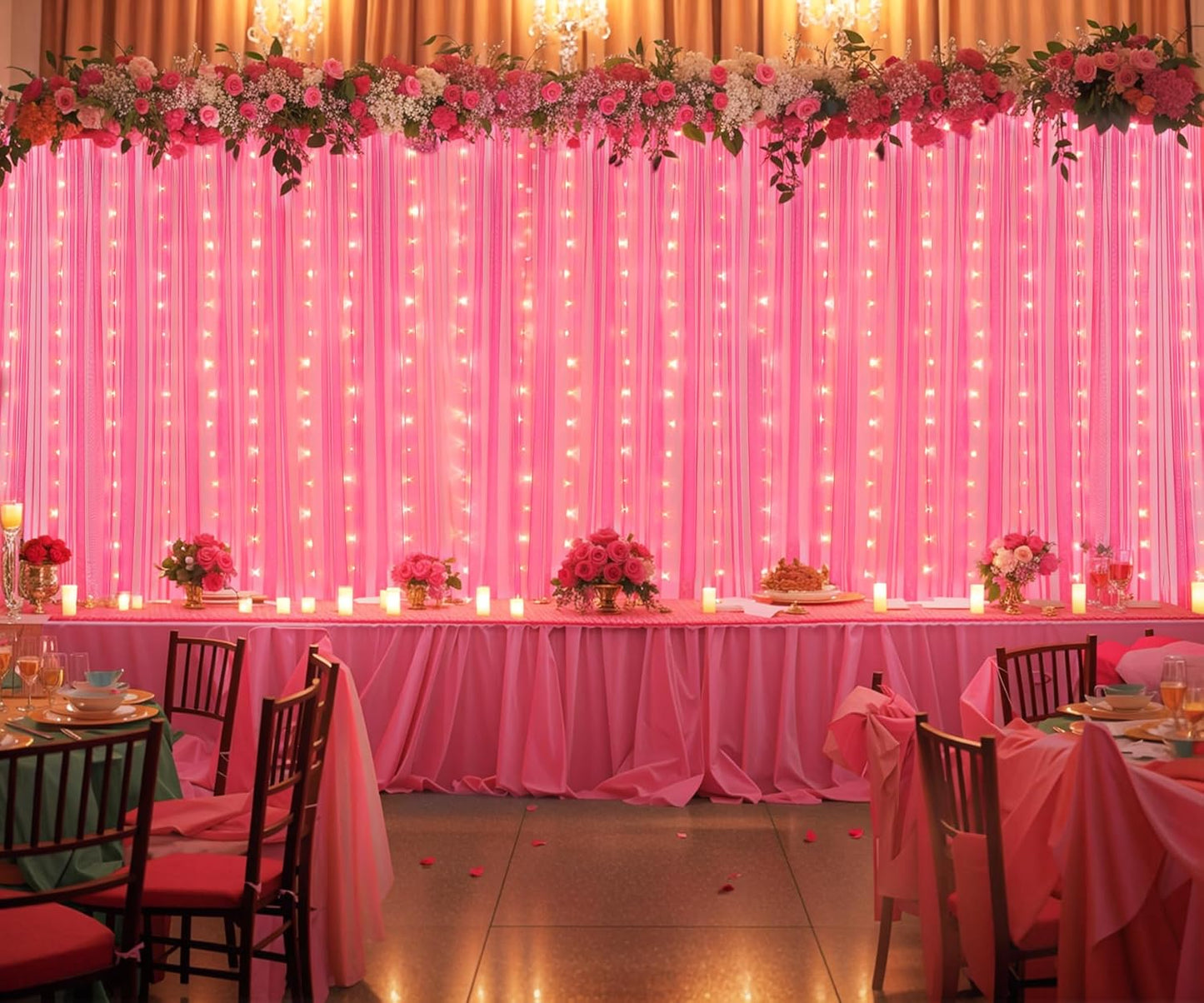 Hot Pink Tulle Backdrop Curtain with Lights String for Parties 30x8ft Fuchsia Sheer Backdrop Curtains for Weddings Birthday Party Baby Shower Photo Shoot Background Decorations(6 Panels 5ft×8ft)
