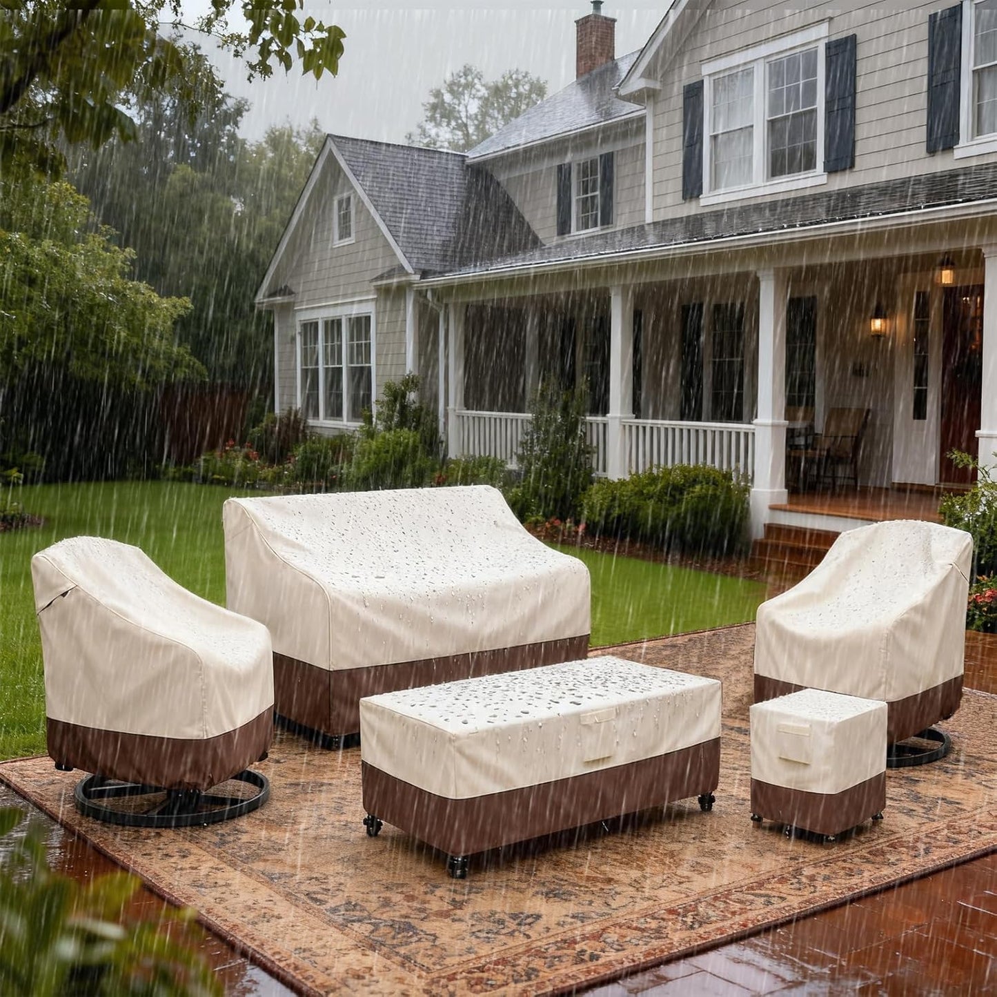 Okcool Heavy Duty Patio Sofa Cover, 100% Waterproof 2-Seater Outdoor Sofa Cover Fits up to 58W x 32.5D x 31H Inches, Lawn Patio Furniture Covers,Beige & Brown