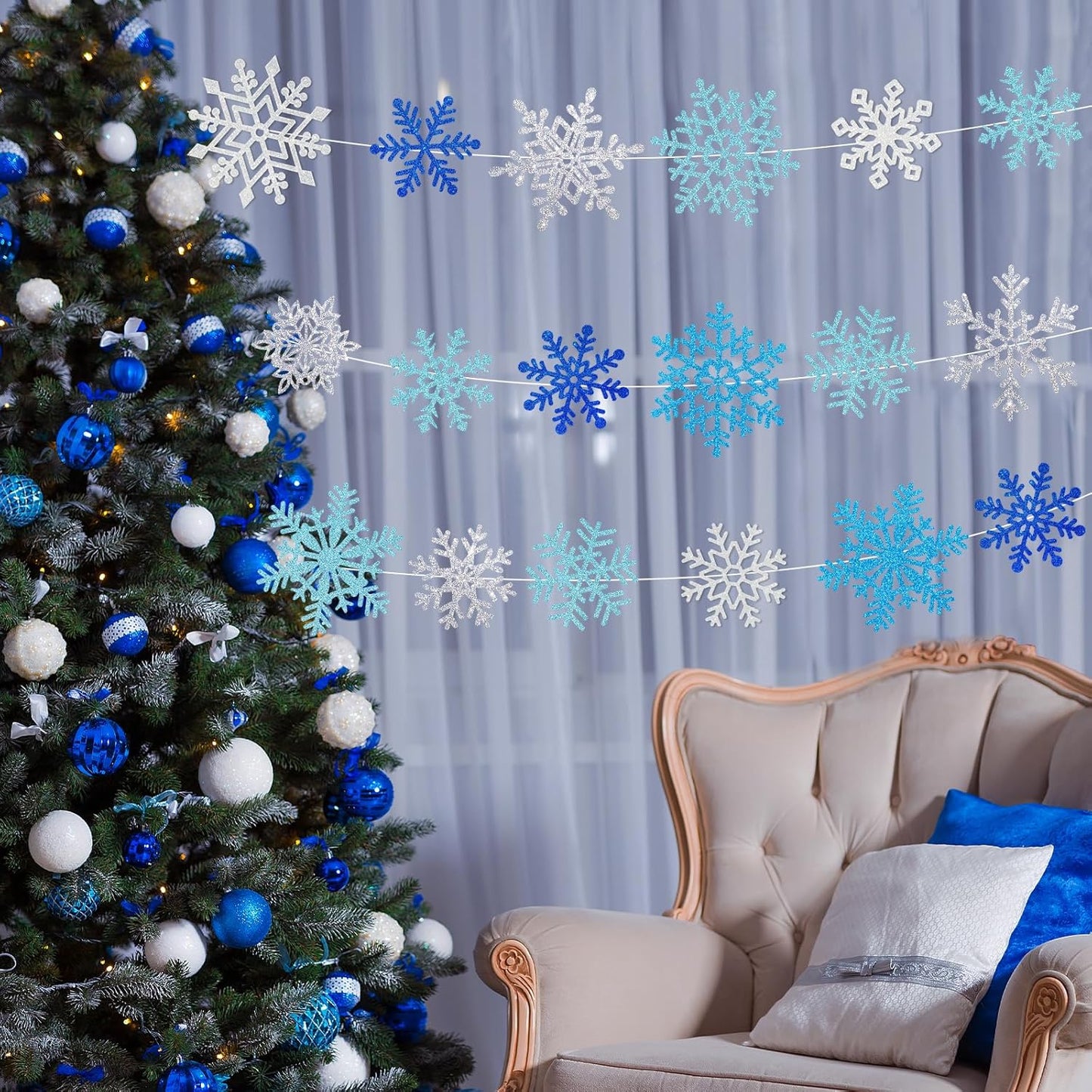 Winter Snowflake Cutouts - Glitter Paper Snowflake Decorations - 100Pcs Blue & Silver Double-Side Christmas Cutouts for Holiday Winter Wonderland Bulletin Board, Frozen Party Decor