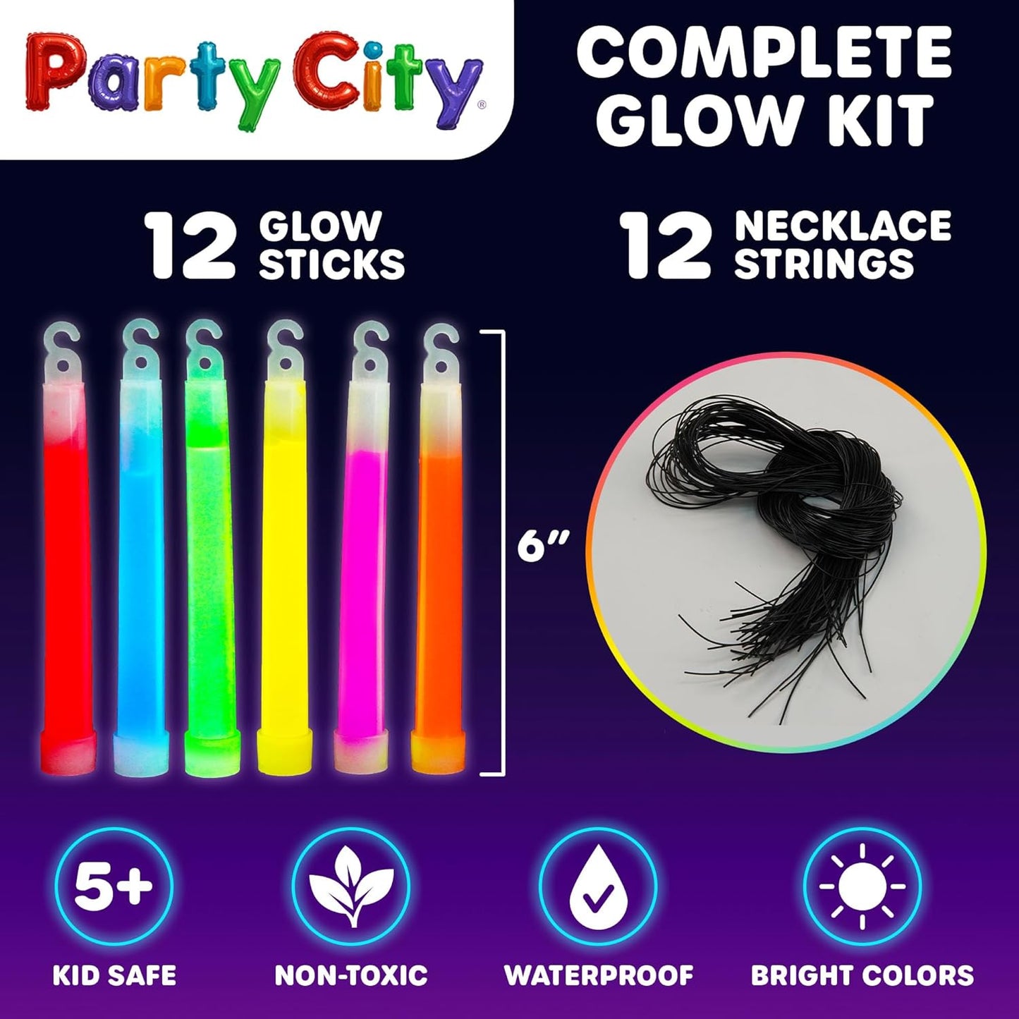 Party City Multicolor Glow Sticks Bulk Pack 6”- 12pk Glow in the Dark Sticks for Kids, Waterproof Camping Survival Ultra Bright Emergency Light Stick with String, Neon Glowsticks Party Supplies Favors
