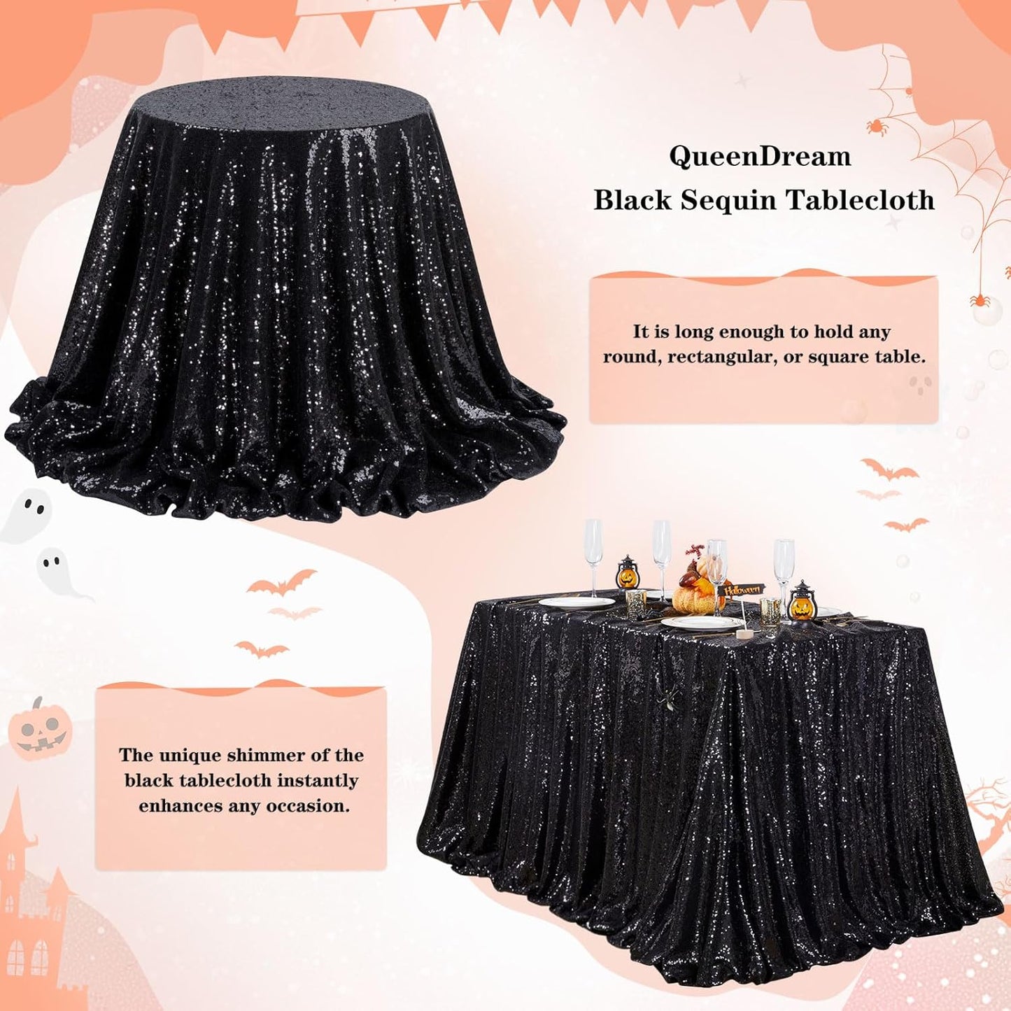 QueenDream Black Party Decorations Sequin Tablecloth: Glitter Overlay 90x90 Inch Table Drapes for Banquet Wedding Theme Party Planners