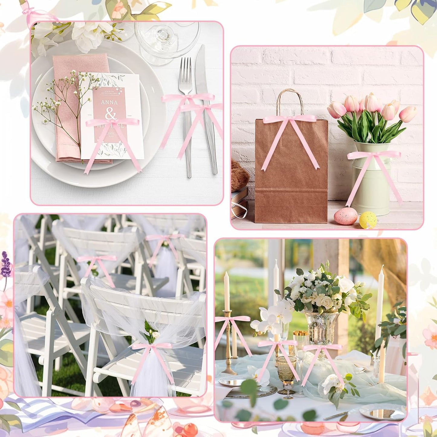 Riceshoot 100 Pcs Twist Tie Bows Bulk 5x7 Inch Satin Ribbon Bows for Gift Wrapping Cake Treat Bags Craft DIY Gift Wedding Baby Shower Birthday Party(Pink)