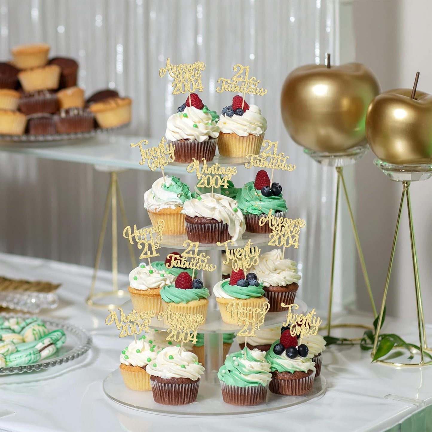 30Pcs Vintage 2004 Cupcake Toppers Glitter Twenty-one Happy 21st Birthday 21 Fabulous Cupcake Picks Awesome Since 2004 Cake Decorations for 21st Birthday Anniversary Retirement Party Supplies Gold