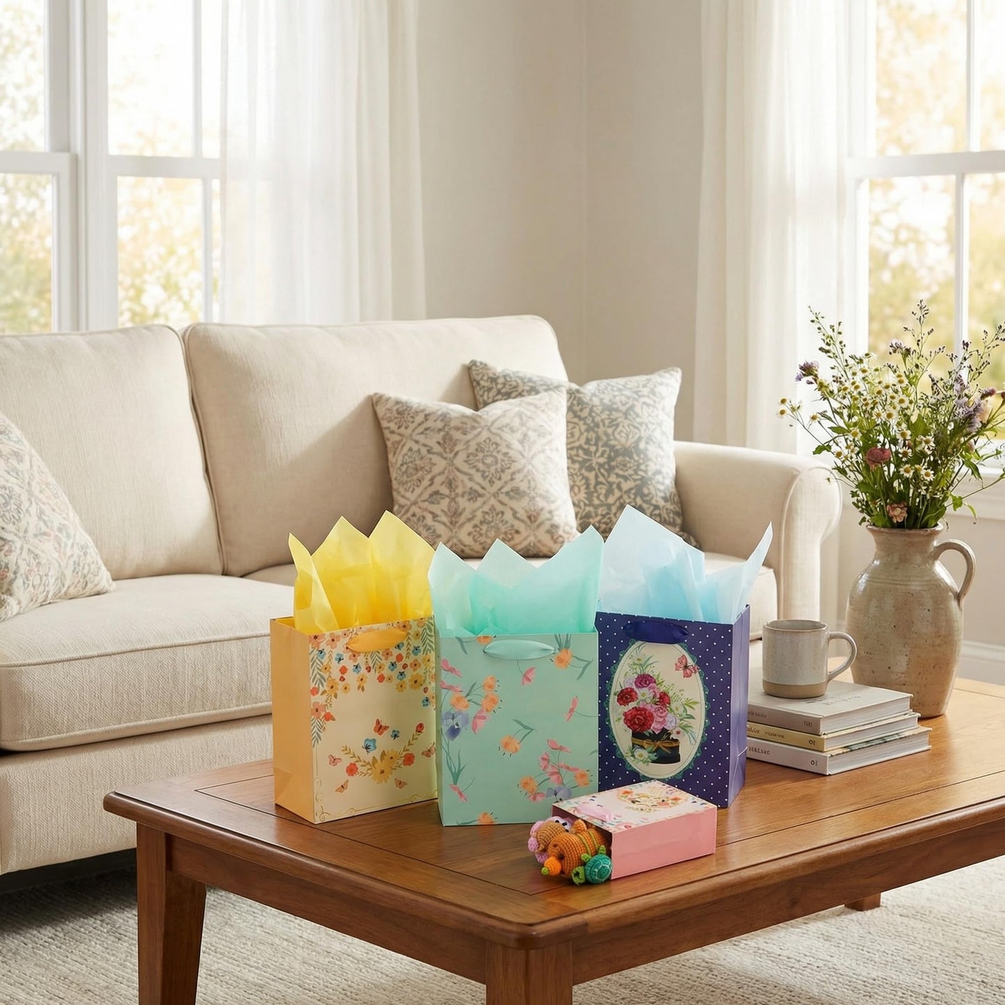 Nihuecne 8 Pack Floral Kraft Gift Bags Assorted Sizes with Tissue Paper