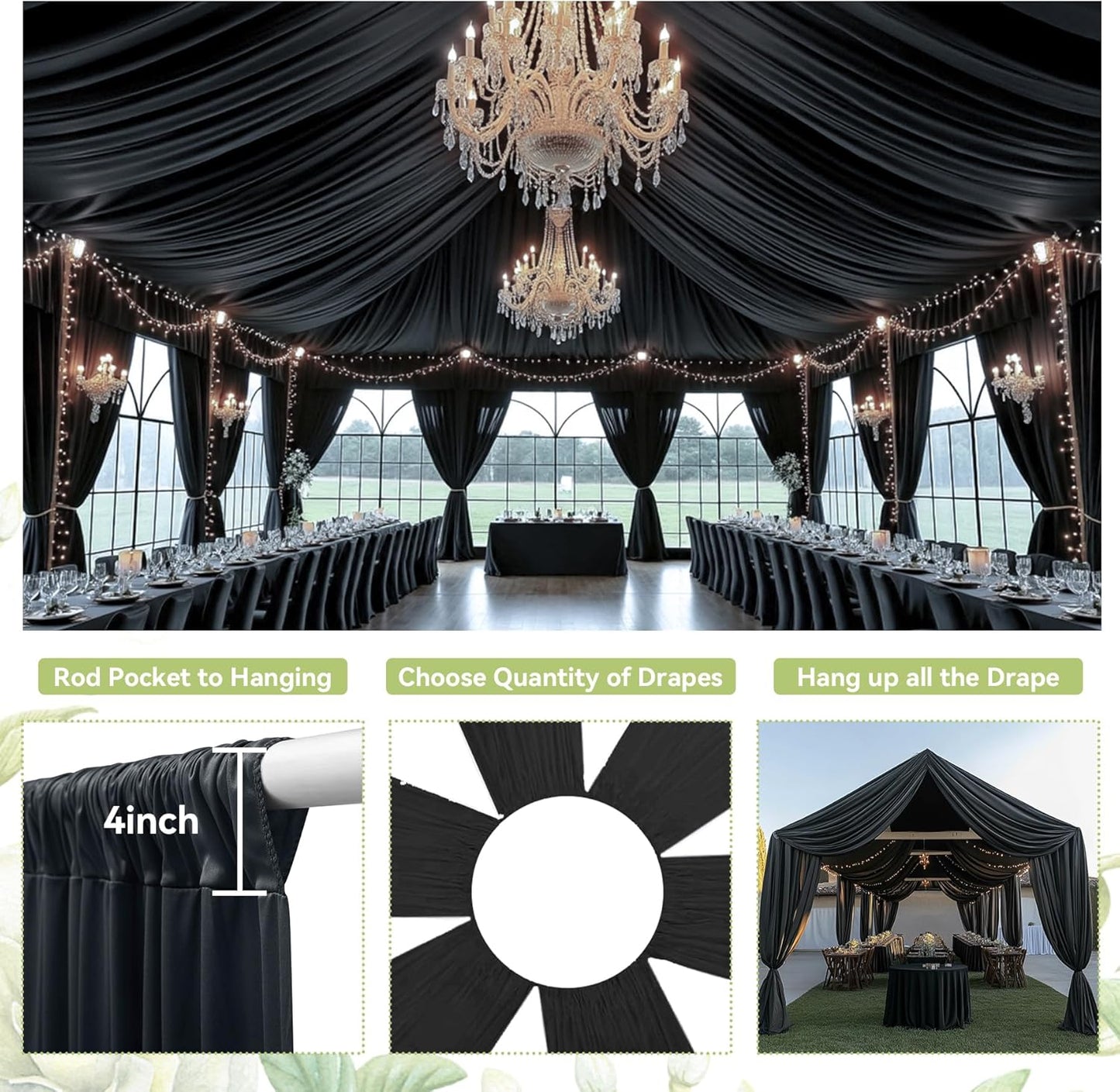 PartyVillage 2 Panels 5ftx30ft Black Ceiling Drapes for Halloween Parties โ 30 FT Extra Long Thick Polyester Wrinkle-Free Drapery Tent Decor Decorations for Birthday Party Ceremony Stage Swag