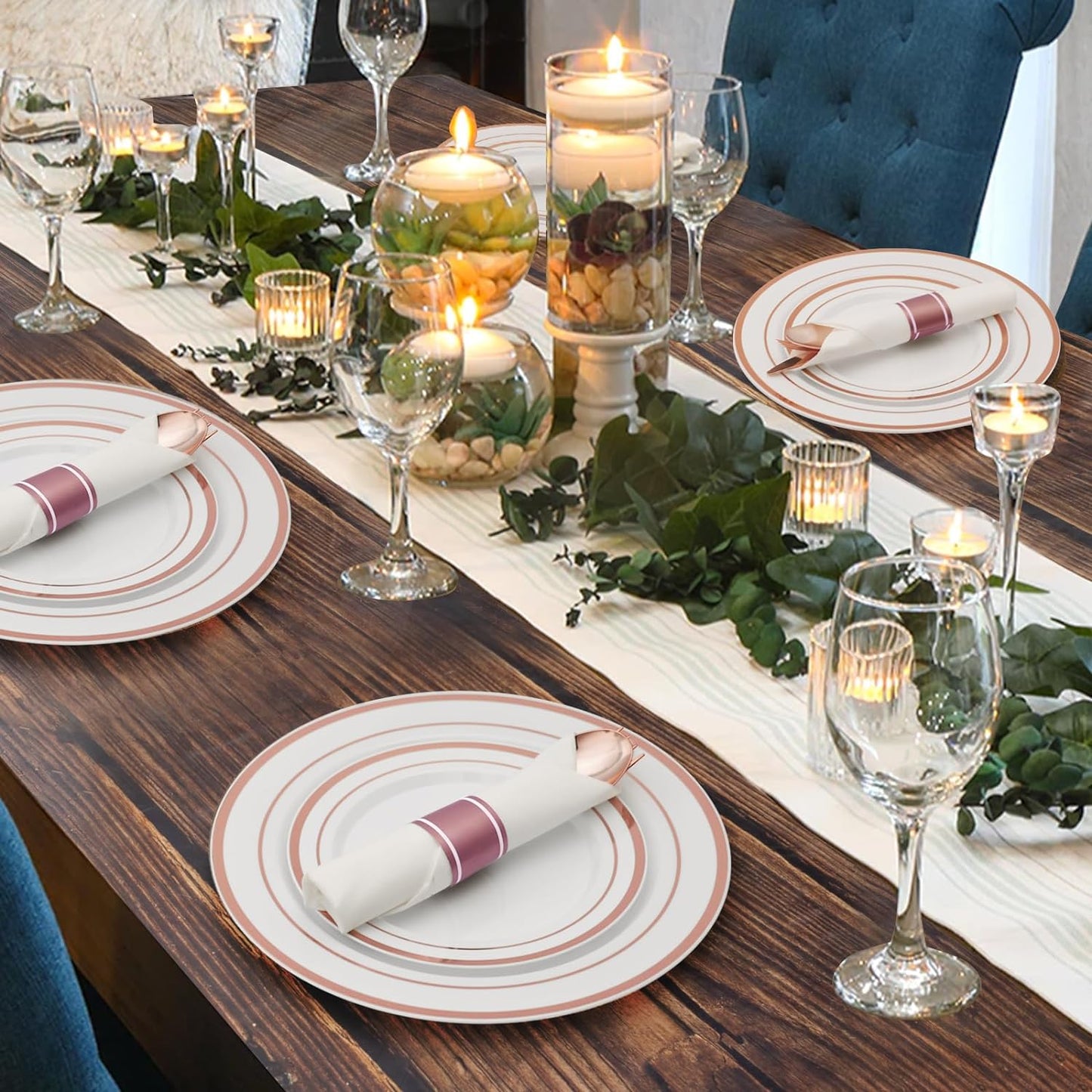 Goodluck 175 Piece Rose Gold Plastic Dinnerware Set for 25 Guests, Fancy Disposable Plates for Party, Include: 25 Dinner Plates, 25 Dessert Plates, 25 Pre Rolled Napkins with Silverware, 25 Cups