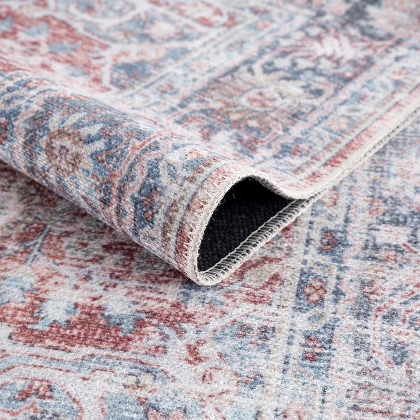 Bloom Rugs Caria Washable Non-Slip 6x9 Rug - Brick/Dark Blue Traditional Area Rug for Living Room, Bedroom, Dining Room, and Kitchen - Exact Size: 6' x 9'