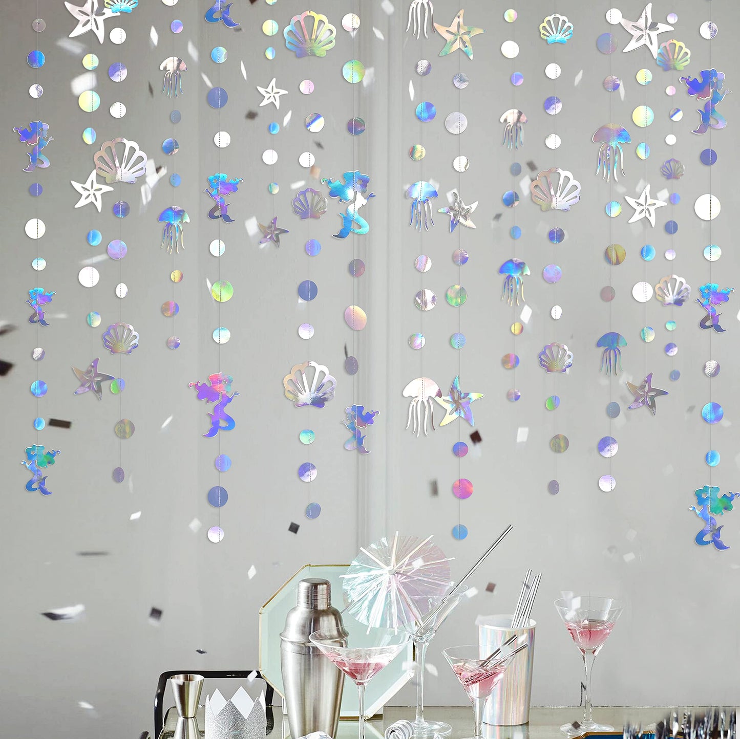 40 Ft Iridescent Mermaid Garland with Jellyfish SeaShell Starfish Pearl Holographic Paper Streamer