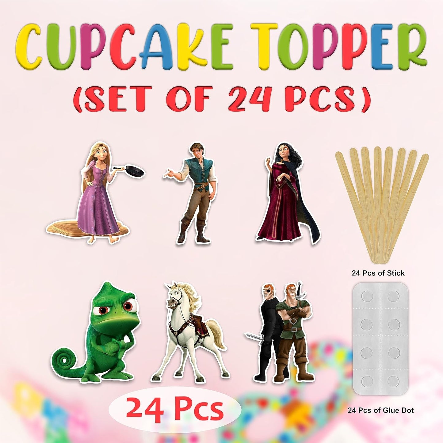 "Rapunzl Cupcake Toppers โ Princess Fairy Tale Theme Birthday Party Supplies โ Magical Cupcake Decoration Picks for Birthday Parties, Tea Parties, and Fairy Tale Themed Celebrations"