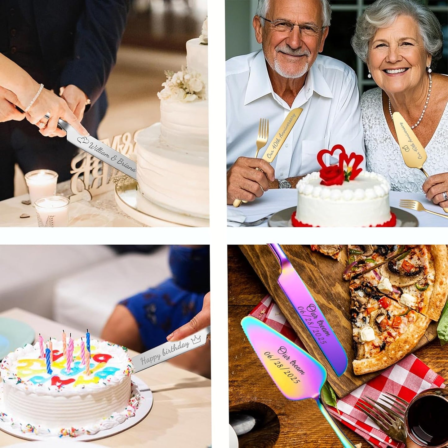 Personalized Wedding Cake Knife and Server Set, Custom Names Cake Cutting Set with Stainless Steel Forks, Customized Bridal Anniversary Birthday Wedding Registry Gifts (Gold)