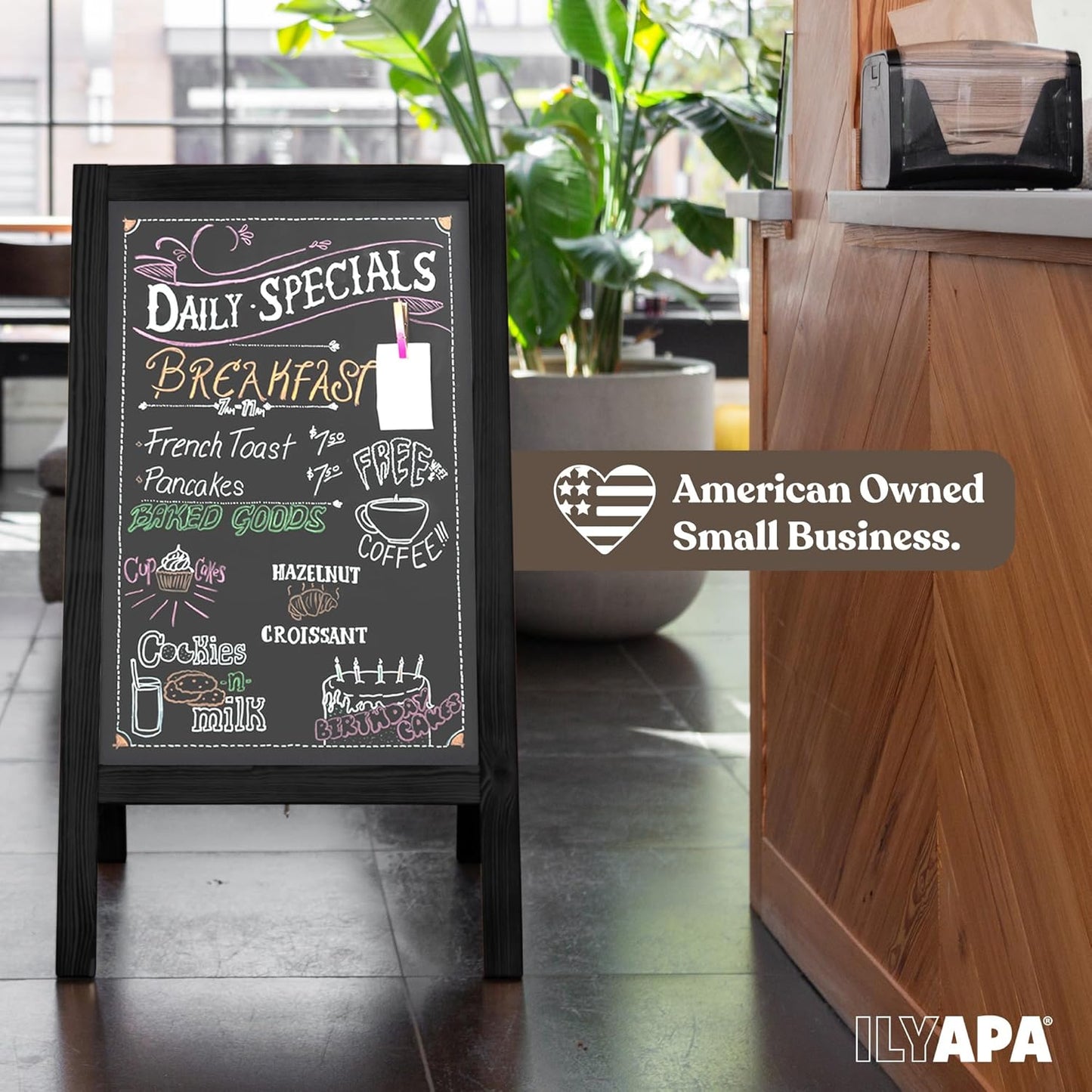 Ilyapa Wooden A-Frame Chalkboard Sign with Eraser, 40 x 20 Inch Magnetic Sidewalk Menu Board, Black Menu Display for Restaurant, Business, or Weddings