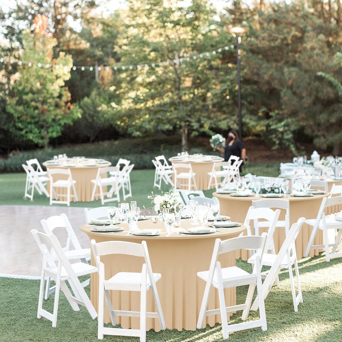 4 Pack Champagne Spandex Round Tablecloths for 60inch Tables,120inch Stretch Fitted 5ft Table Cloth,Wrinkle Free Rund Table Covers with Skirt for Banquet Wedding Birthday Parties