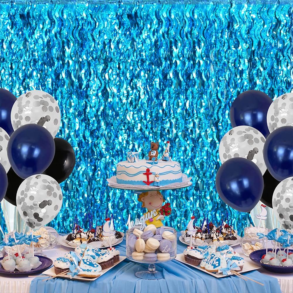 TONIFUL 3Pcs Wavy Metallic Tinsel Foil Fringe Curtains Teal Blue Streamer Backdrop for Photo Booth Props,Party Door Wall Curtains,Bachelorette,Underwater World Birthday Party Decor (9.9ft x 6.6ft)