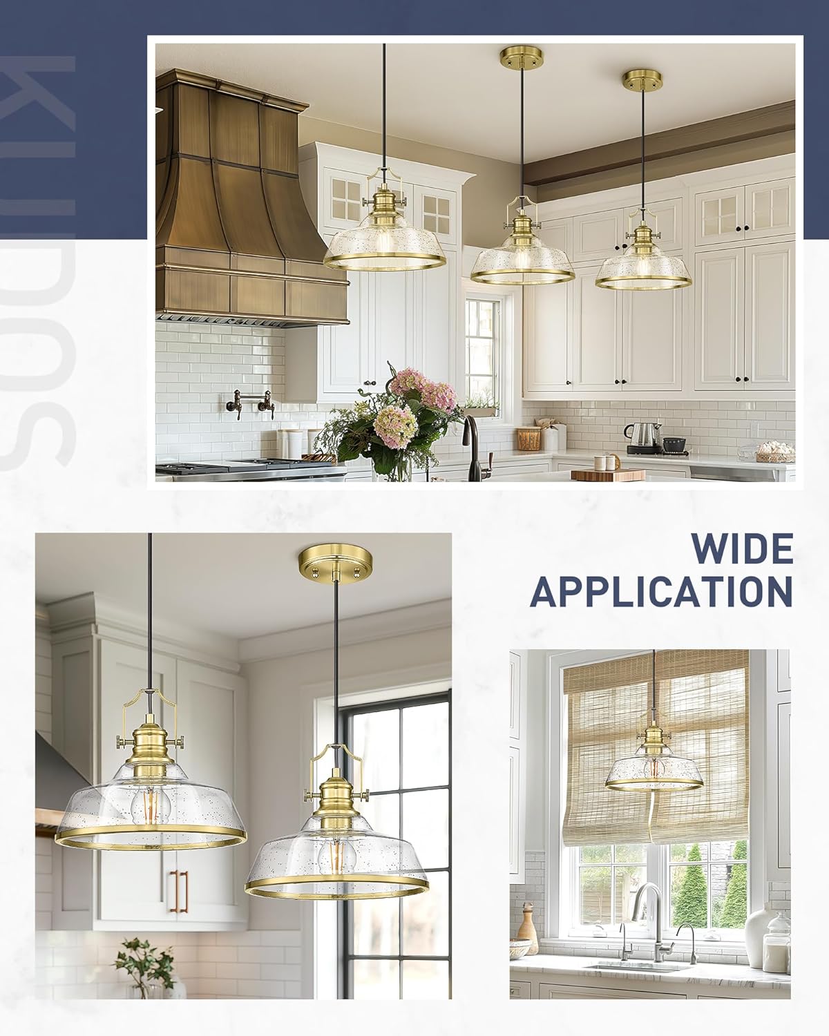 kudos 2 Pack Gold Pendant Lights Kitchen Island, 11" Brass Kitchen Island Lighting with Seeded Glass, Farmhouse Hanging Light Fixture for Kitchen Sink Dining Room Hallways, KDPL13-GD-S-2PK