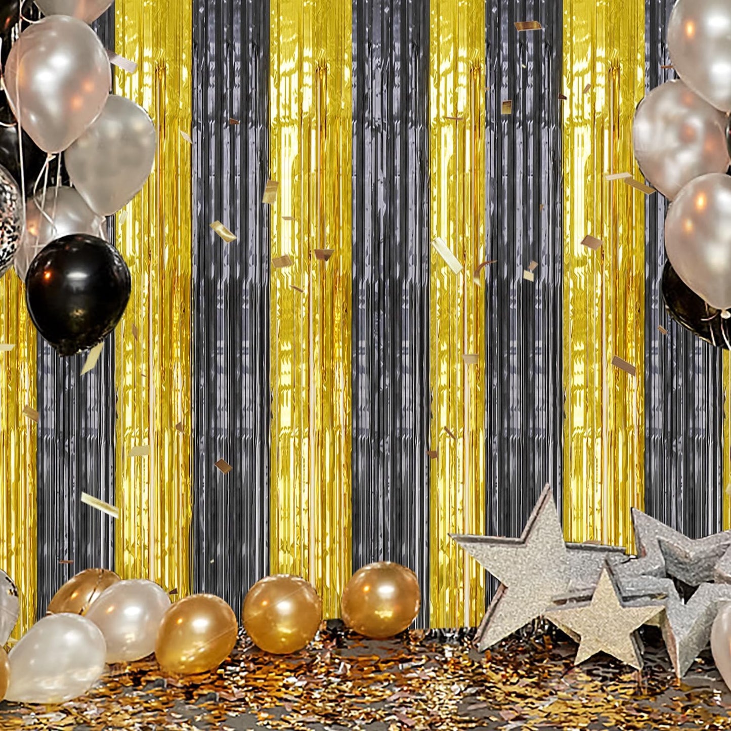 3 Pack Foil Fringe Backdrop - Black&Gold Shiny Tinsel Curtains for Party Decoration/Photo Booth Props - 3.3x8.2 FT Metallic Foil Backdrop for Birthday, Wedding, Graduation, Christmas.