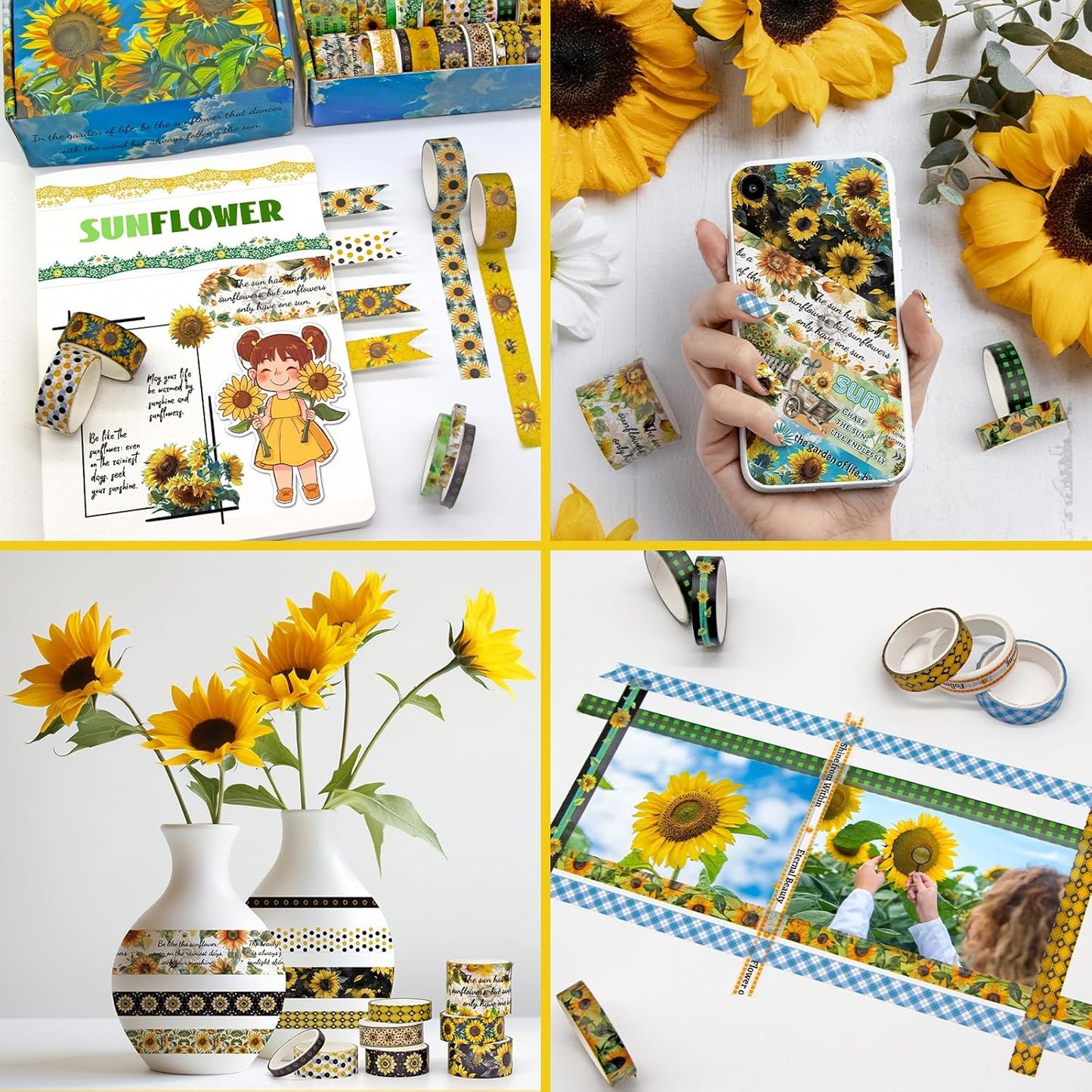 27 Rolls Washi Tape Set - Decorative Masking Tape Colored Sunflower Patterns, Adhesive Artists Tapes for Journaling Supplies, DIY Crafts, Scrapbooking, Junk Journal Supplies, School Supplies