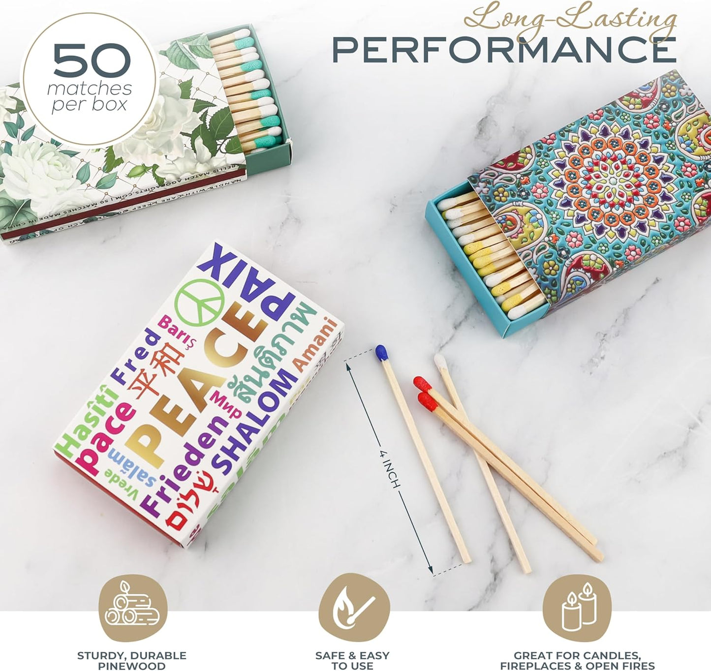 Decorative Matches Box -4-Inch Long Matches for Candles with Strike - Wooden Colorful Candle Sticks with Rainbow Tips - 50 Pc Match Sticks - Matchbox Designs of Your Choice (6 Unique Box Designs)