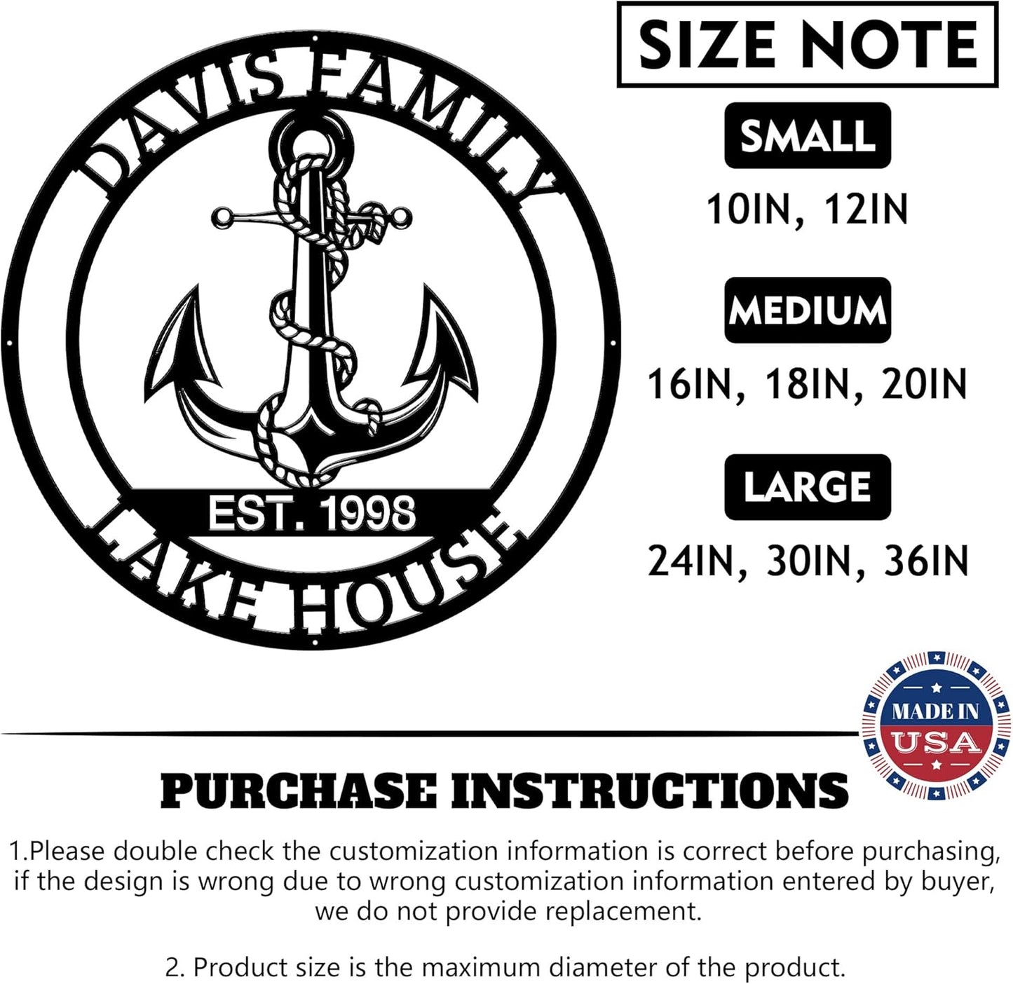 Personalized Metal Anchor Sign, Custom Family Last Name Sign, Nautical Outdoor Monogram Wall Art, Coastal Beach House, Lake House Decor, Housewarming Christmas Wedding Gifts