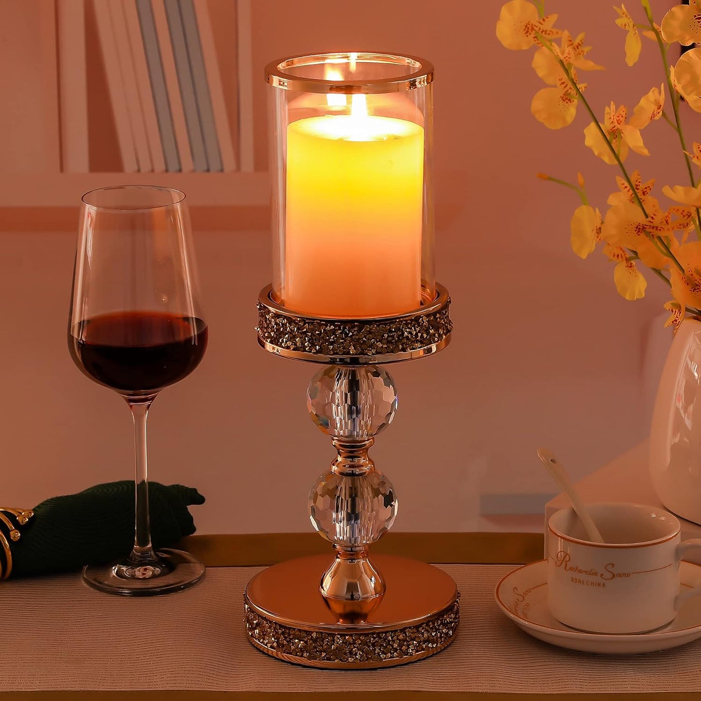 Pillar Candle Holder, 13 Inch Crystal Candlesticks for 3''X5'' Candles, Dining Coffee Table Decor, Wedding, Events, Parties - Glass and Gold Finish