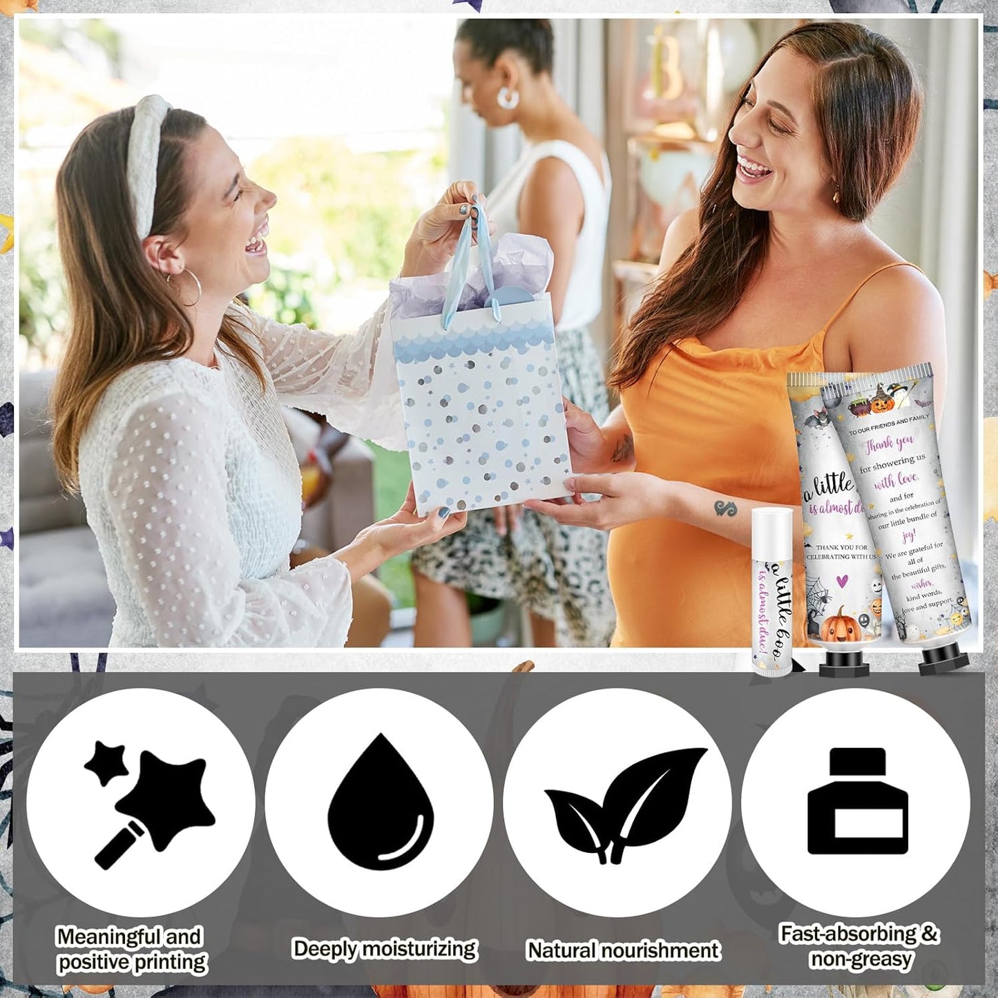 50 Sets 200 Pcs Baby Shower Hand Lotion and Lip Balm Gift Theme Baby Shower Party Favors Travel Size Hand Lotion and Lip Balm Bulk with Organza Bags Tags(Halloween Little Boo)