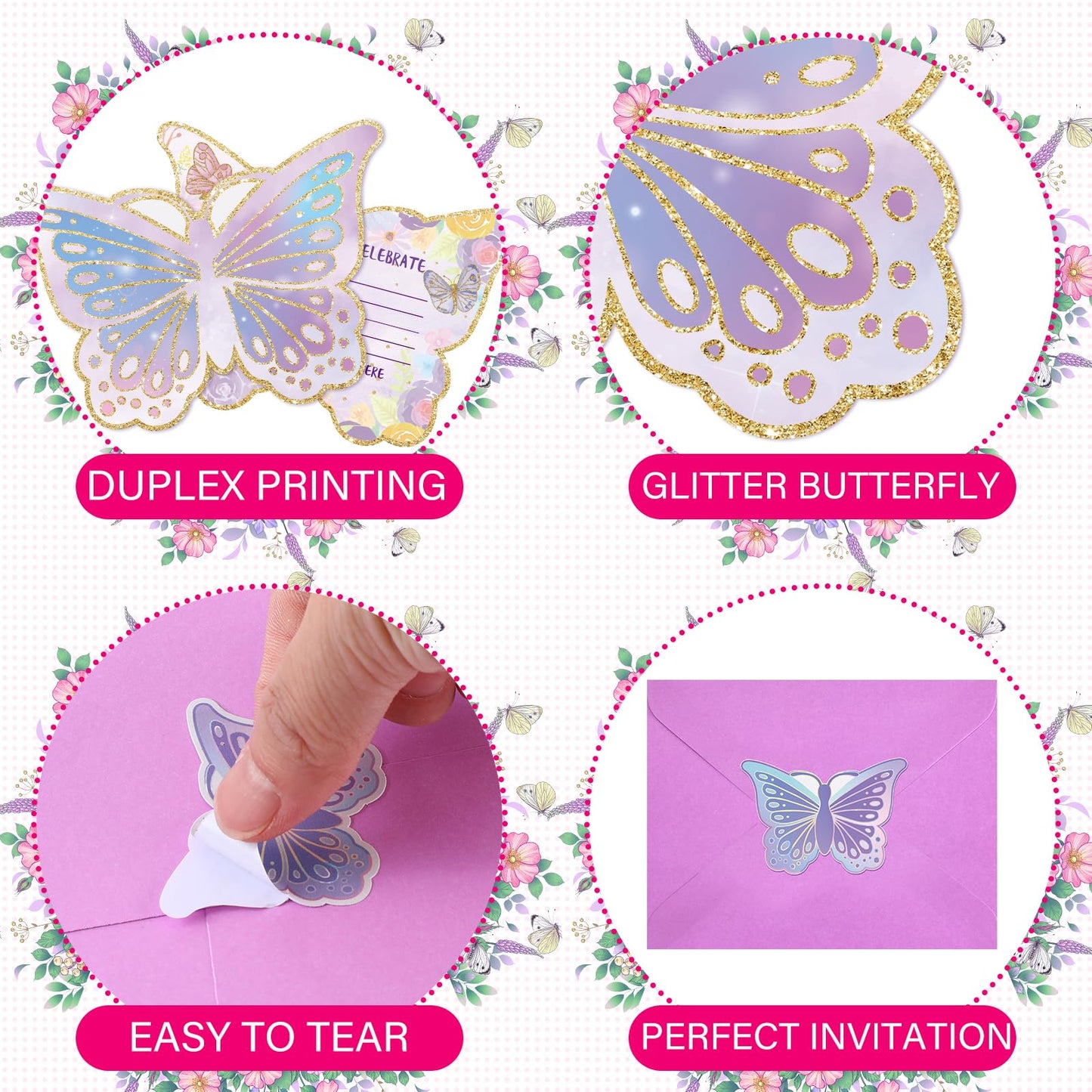 Hotop 24Sets Butterfly Birthday Invitation with Envelope & Sticker for Girl