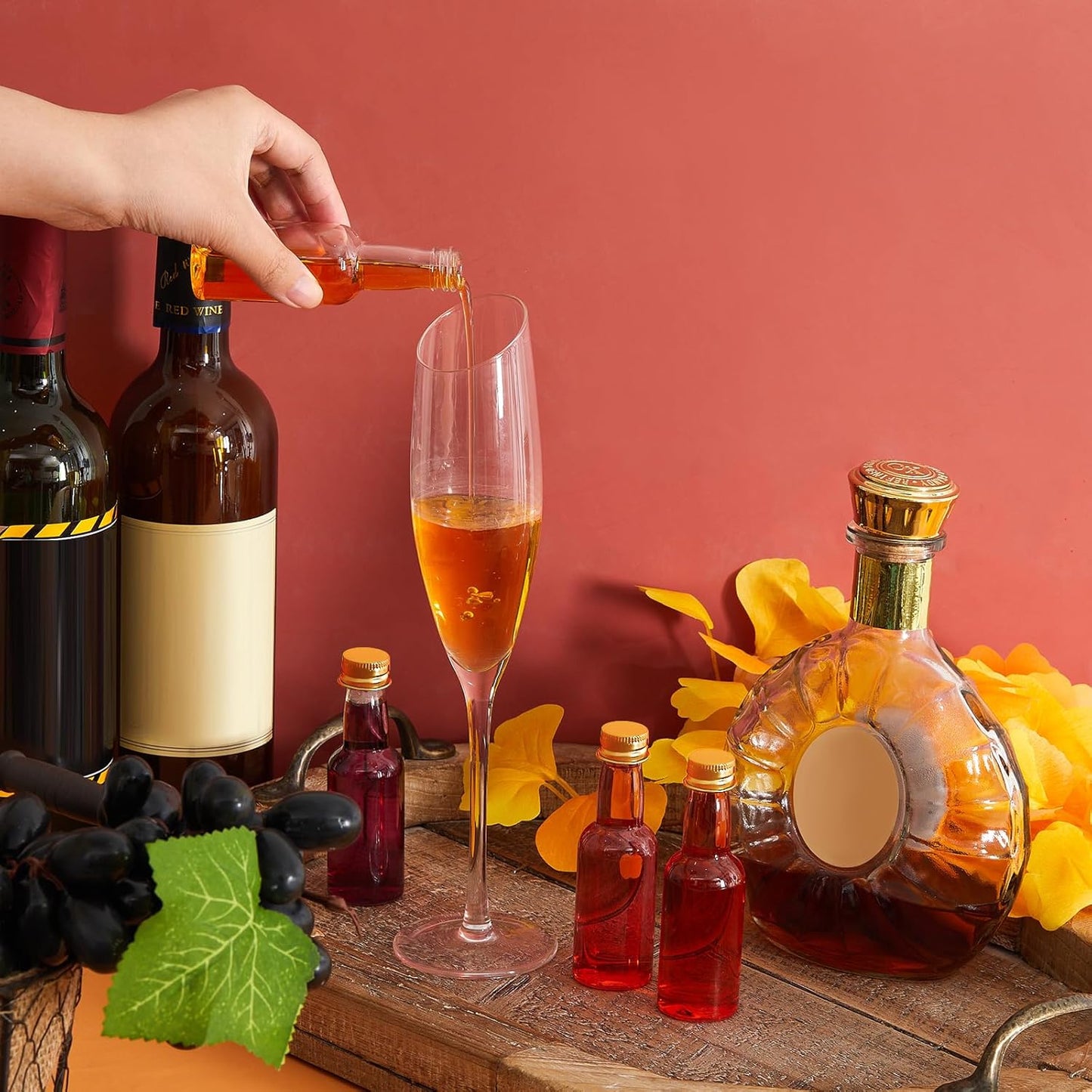 Tessco for you 100 Pcs Mini Liquor Bottles Plastic Mini Salad Dressing Bottle Christmas Small Shooter Alcohol Holders with Cap Wine Hot Sauce (0.8 oz,Gold)