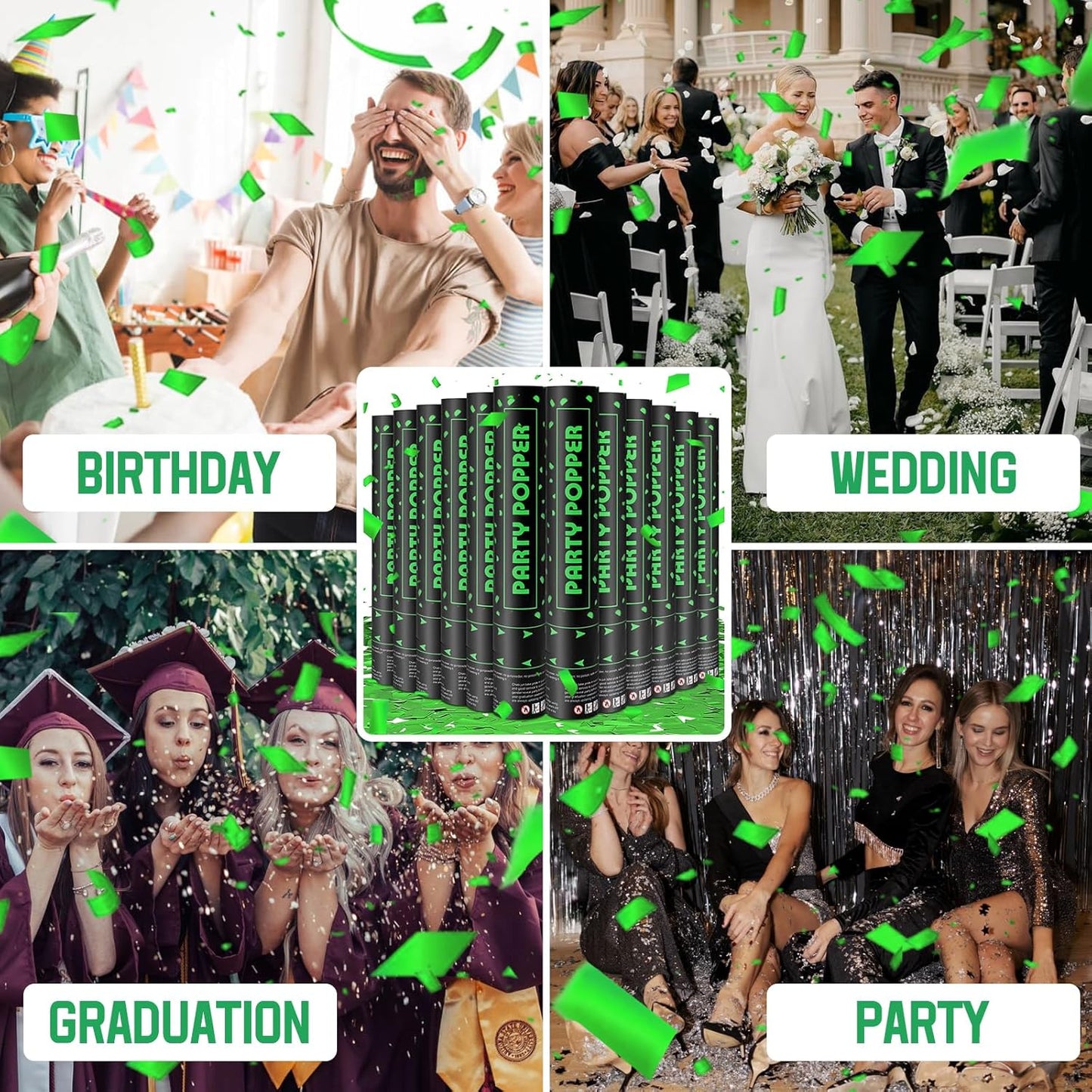 Party Poppers Confetti Cannon 12 Pack Green Poppers 12 Inch Party Shooters Mylar Confetti Green Foil Confetti Cannons Bulk for Wedding Birthday Graduation Baby Shower Christmas New Year