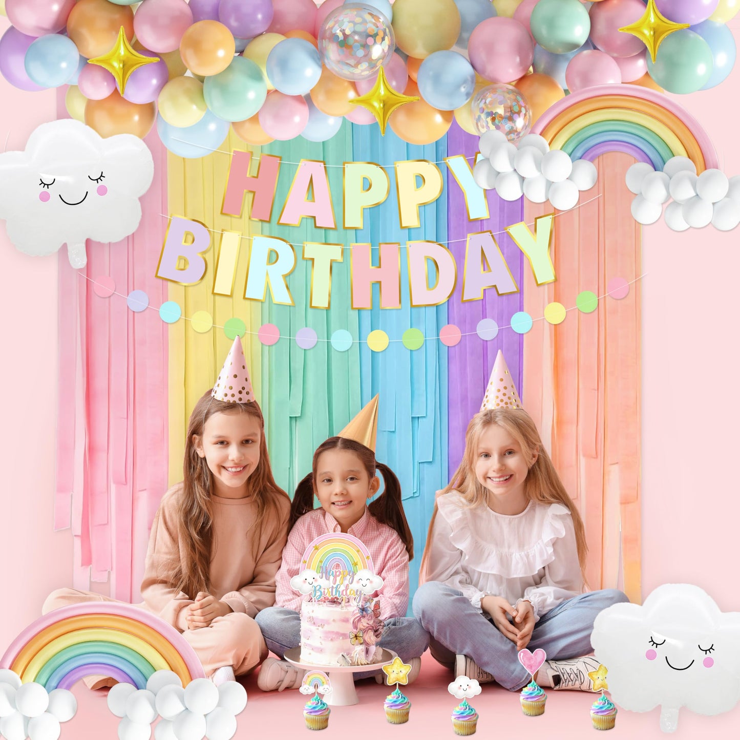 THAWAY Pastel Rainbow Birthday Decorations 182Pcs Rainbow Party Supplies