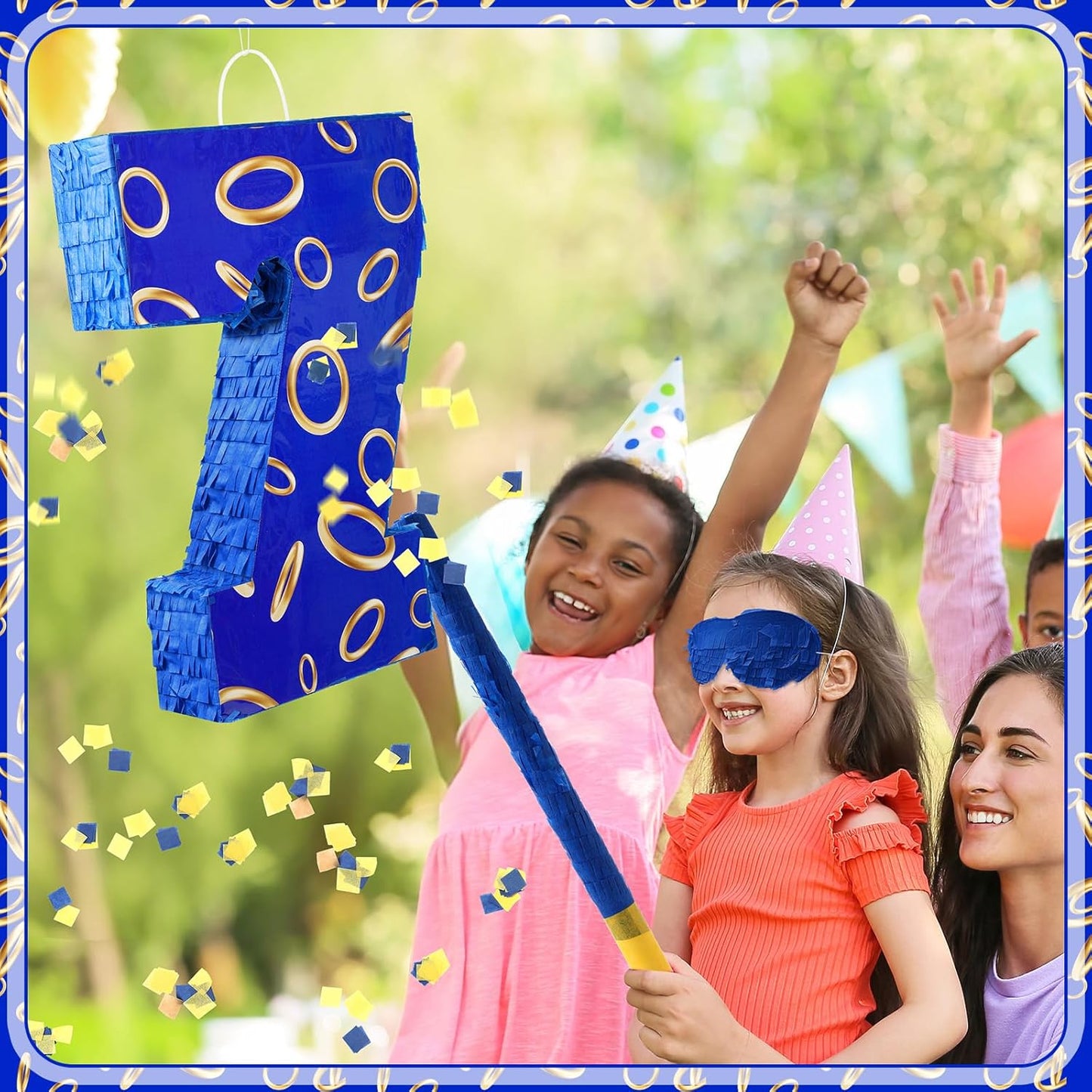 Number 7 Blue and Golden Rings Piñata for Kids Birthday Cartoon Theme Small Piñata with Blindfold Stick Confetti for Fiesta Cinco De Mayo Party Decor, 15.8 x 11 x 2.8 Inch