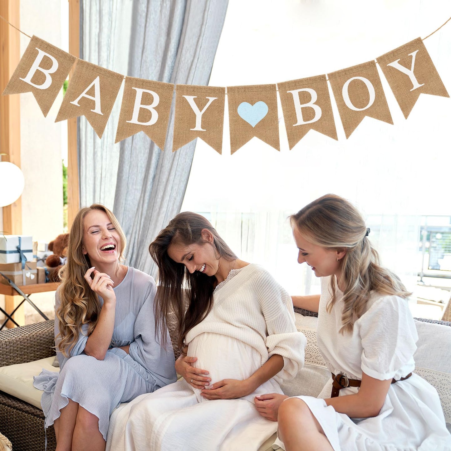 Pre-Strung Baby Boy Burlap Banner, Gender Reveal Banner for Baby Shower Party Decorations (Light