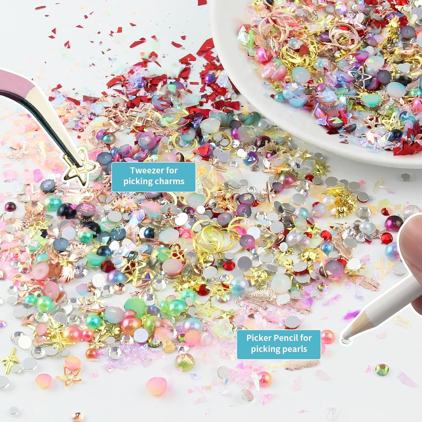 Artdone Nail Art Studs Kit, 6 boxes Multicolor And Design 3D Charms With 15 Sheets Gold Nail Stickers, Diamond Cute Nail Jewels For DIY Decoration with Pickup Tools