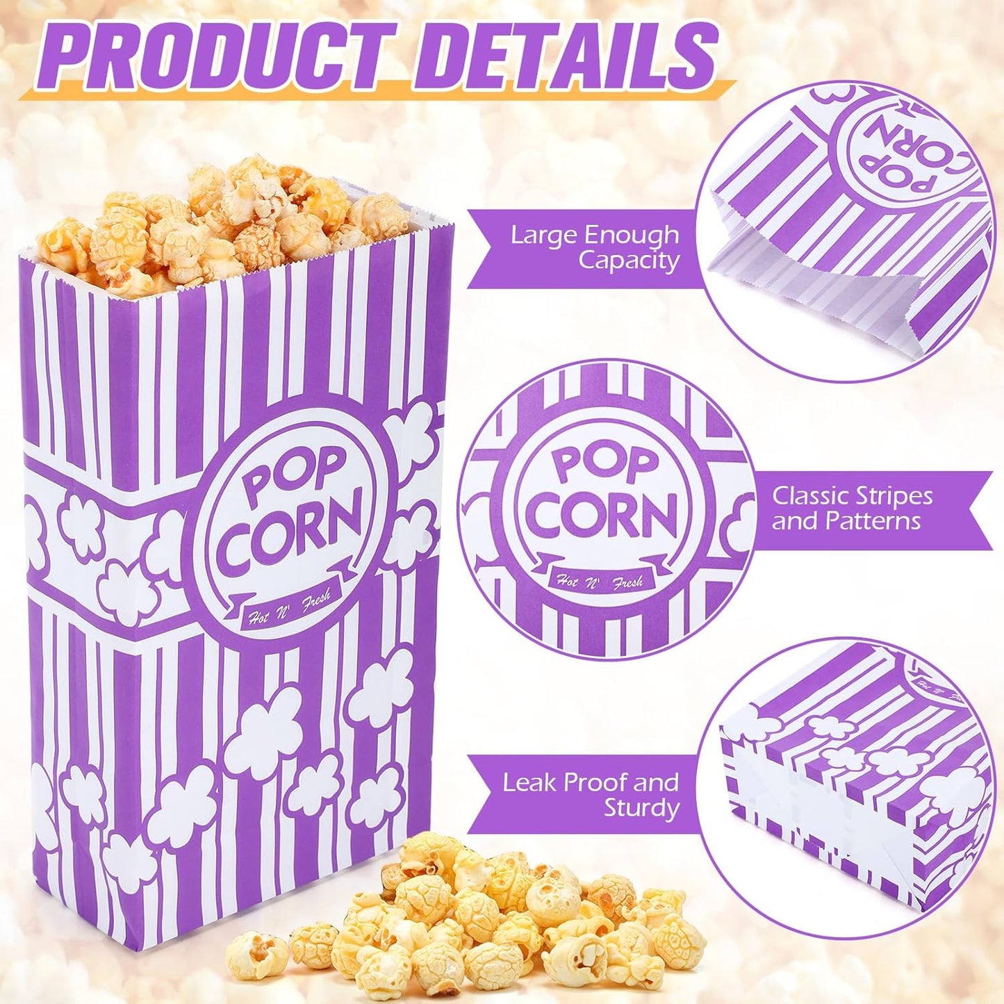 Leinuosen 200 Pcs Paper Popcorn Bags Bulk 2 oz Large Flat Bottom Boxes Disposable Container Sleeve Movie Night Popcorn Bucket for Retro Movie Themed Party Carnival Supplies (Purple)