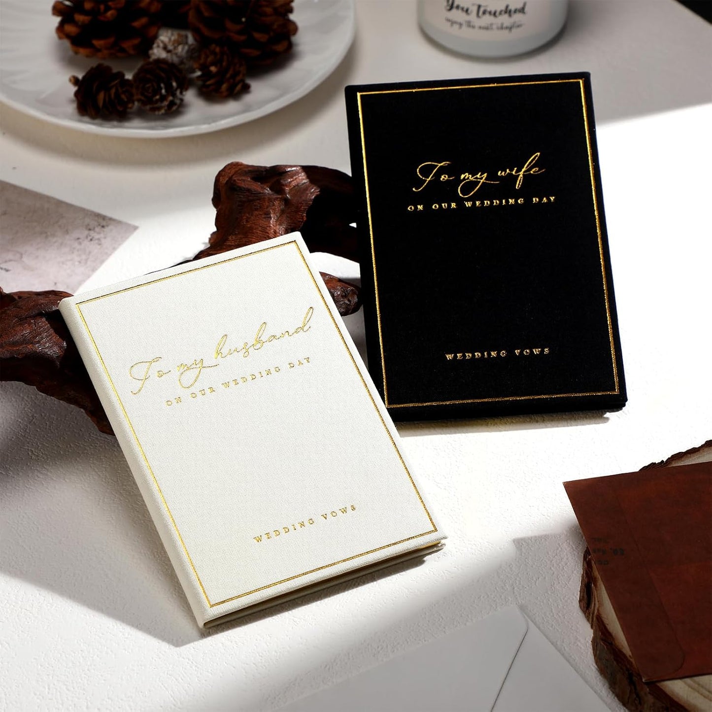 2 Pcs Wedding Vow Books His and Her to Husband Wife Wedding Must Have Registry Ideas Gold Foil Lined Page Premium Engagement Gift for Guest Groom Newly Engaged Couple(Black-White)