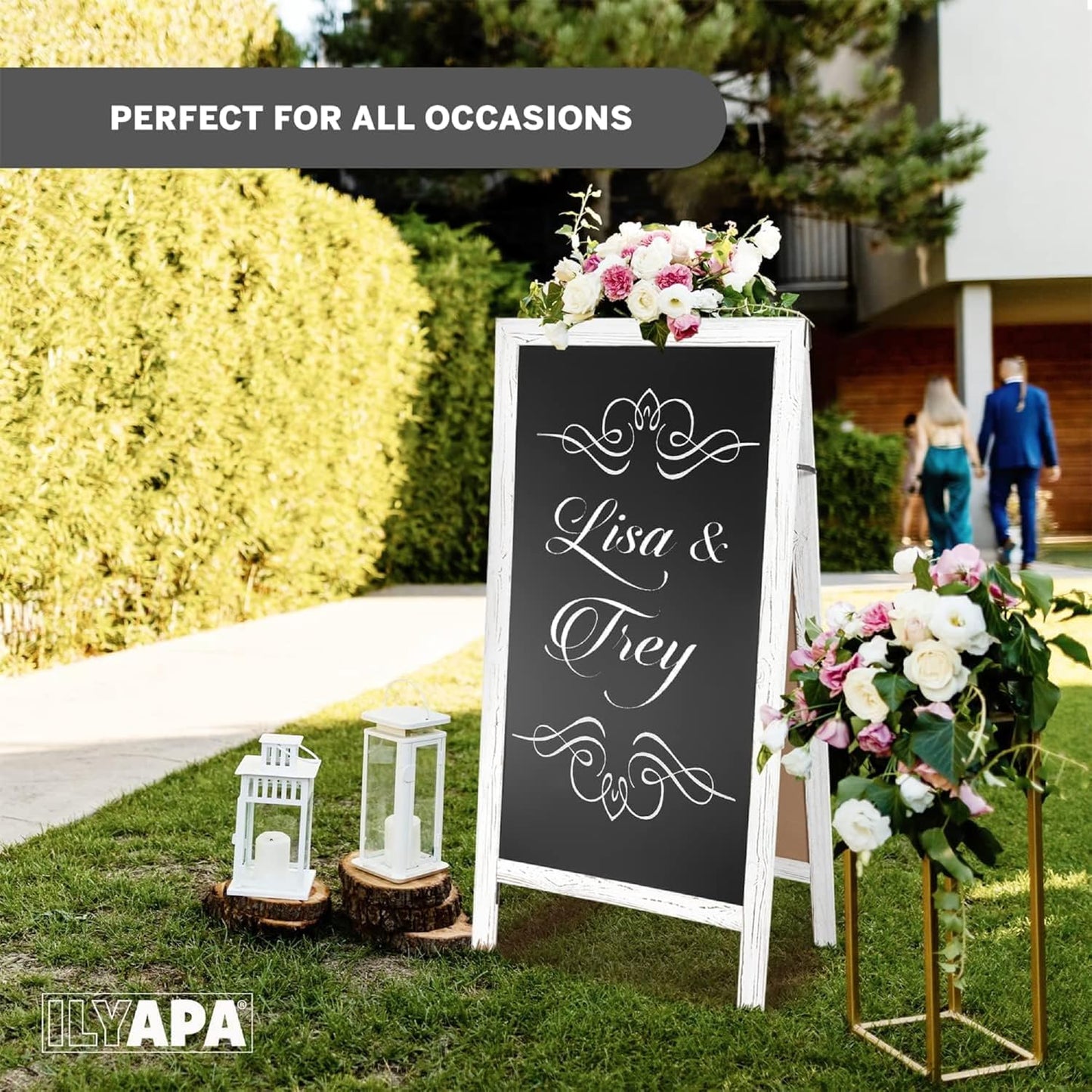 Ilyapa A-Frame Chalkboard Sidewalk Sign - 58 x 27 inches, Folding Standing Sandwich Sign – White Menu Display for Restaurant, Business, or Weddings