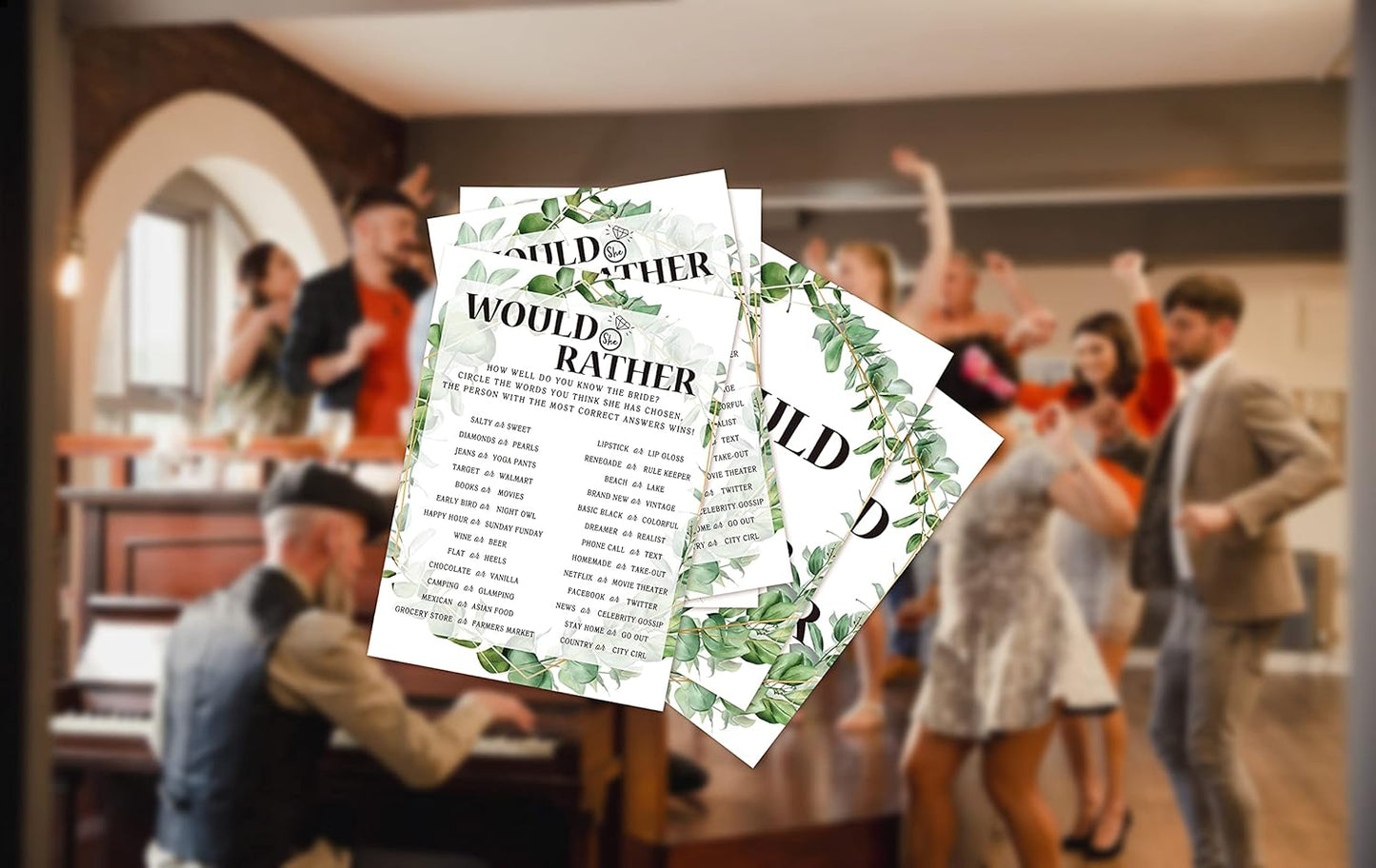 Bridal Shower Game Cards, Would She Rather Game, Tropical Jungle Theme Engagement Party Cards For Wedding, Set of 30 Cards(Leaf003)