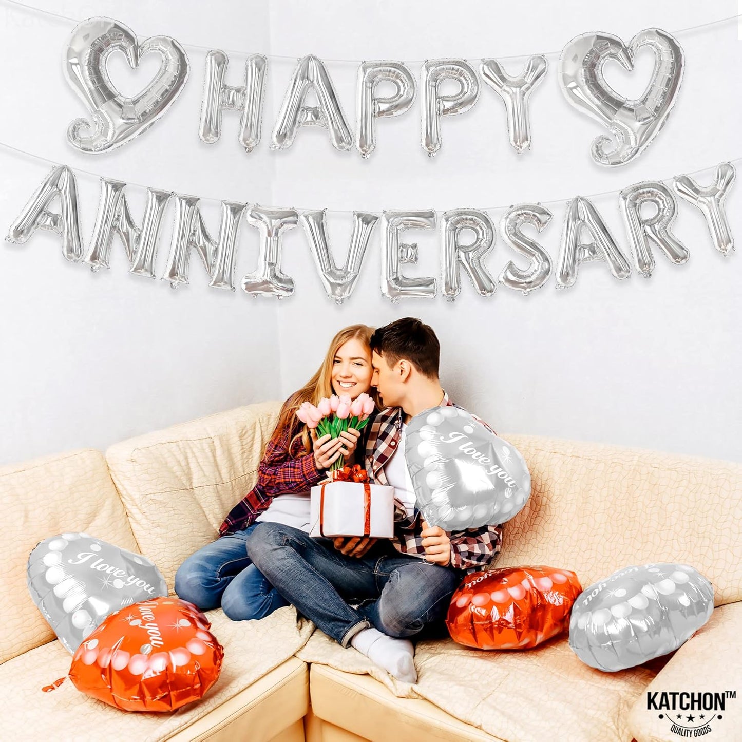 KatchOn, Silver Happy Anniversary Balloons Letters - Big, 18 Inch | Silver Happy Anniversary Balloon Banner | Heart Balloons