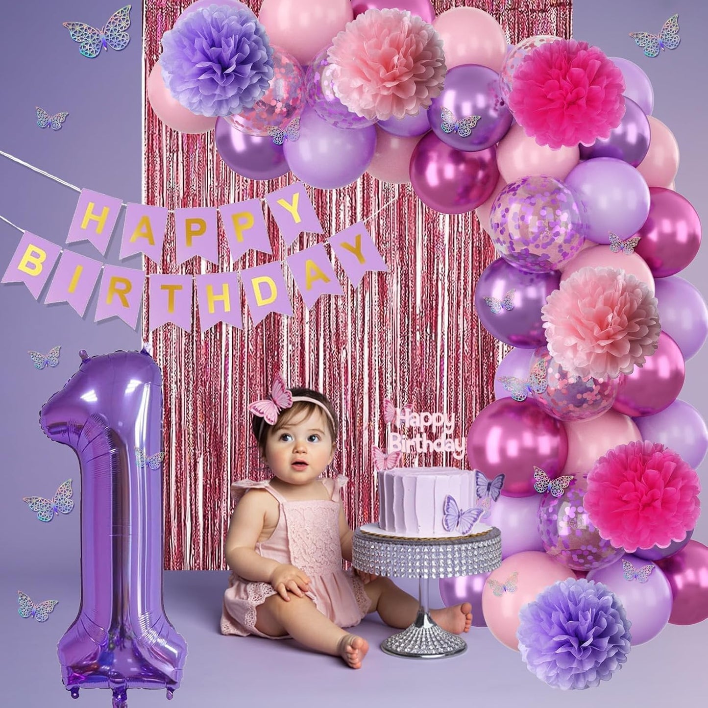 Pink Purple 1st Birthday Party Decorations for Girls Number 1 Balloon Happy Birthday Banner Butterfly Stickers Fringe Curtain Paper Pom Poms Metallic Hot Pink Star Foil Balloons Baby 1 Year Old Decor