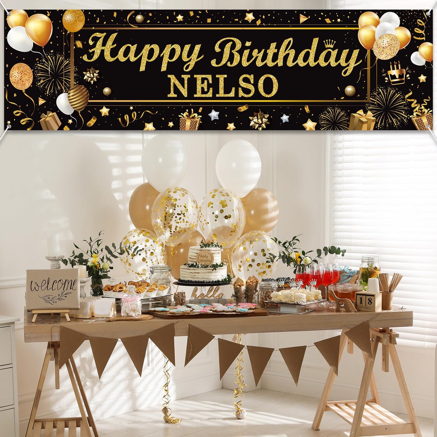 Lonfliness Personalized Birthday Banner Happy Birthday Party Decoration Custom DIY Black Gold