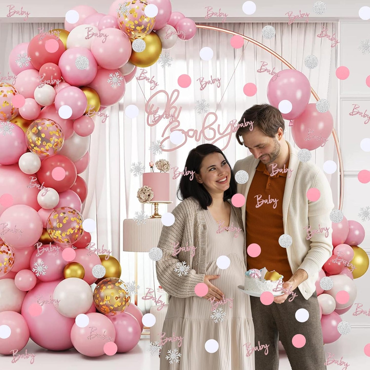 MARFOREVER Winter Baby Shower Table Confetti, 200 Pcs Glitter Pink Silver Snowflake Table Decorations Winter Gender Reveal Sprinkle for Winter Birthday Party Baby Shower Decorations(Pink)