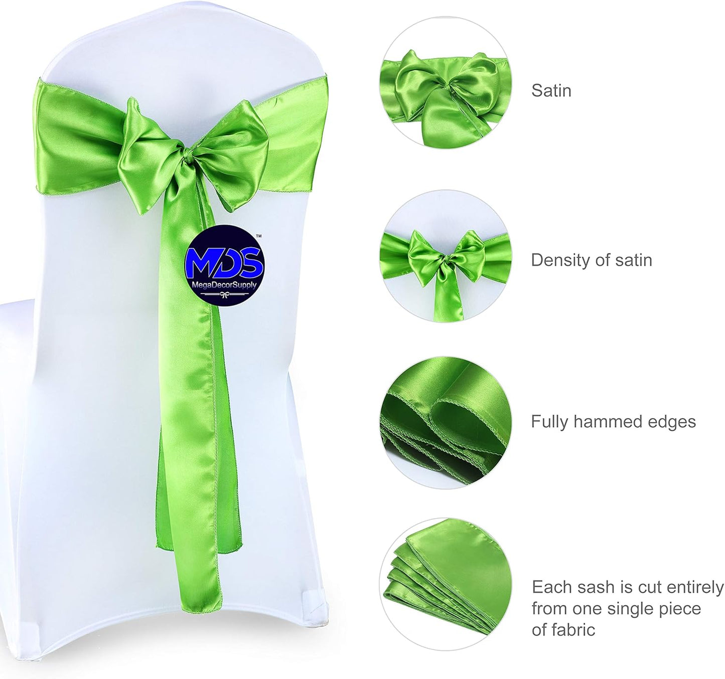 MDS Pack of 100 PCS Satin Chair Sashes Charmeuse Sateen Dining Chair Bows Ribbon Ties Back Sash for Wedding Party Birthday Home Hotel Restaurant Banquet Decoration (7 x 108 Inch, Parrot Green)