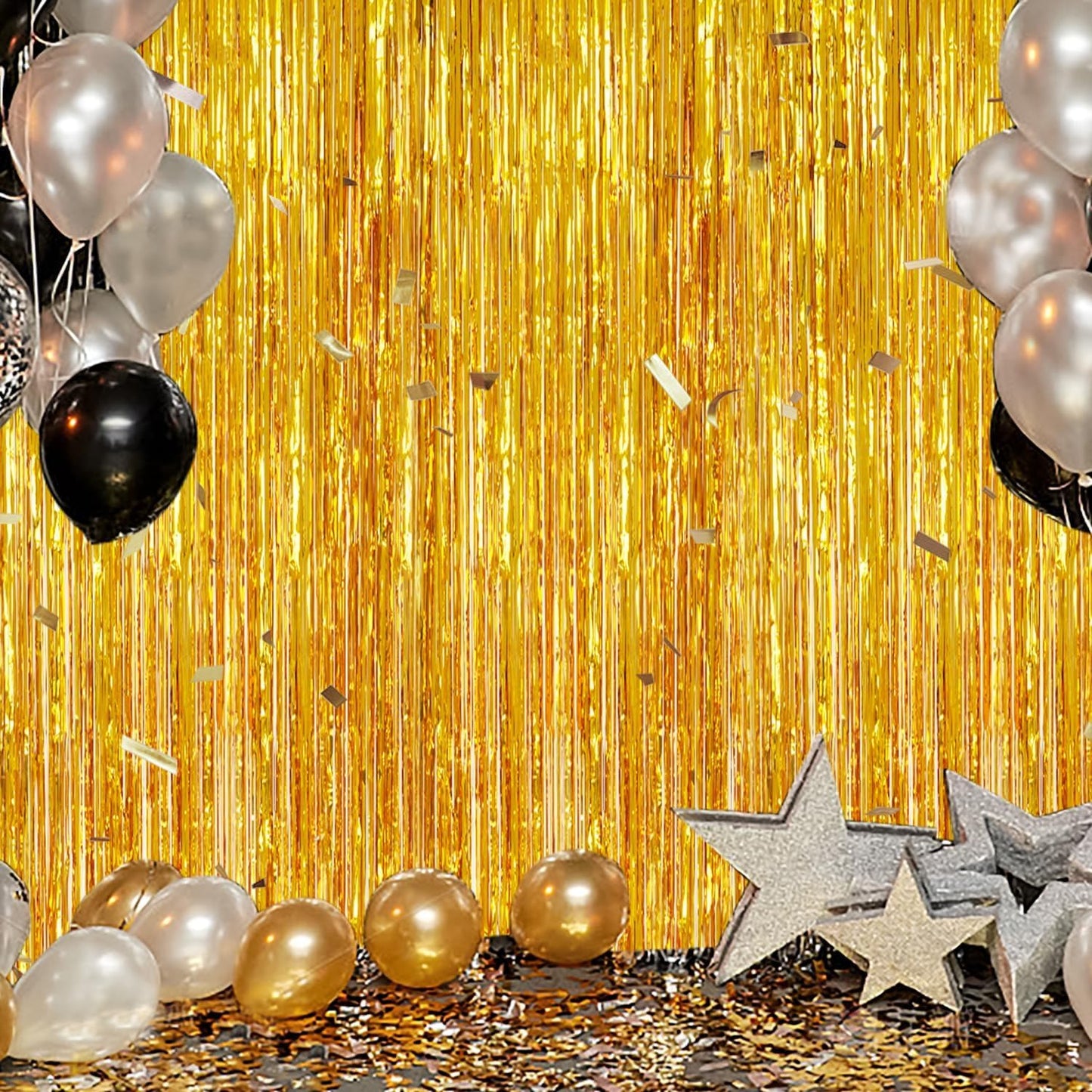 3 Pack Foil Fringe Backdrop - Gold Shiny Tinsel Curtains for Party Decoration/Photo Booth Props - 3.3x8.2 FT Metallic Foil Backdrop for Birthday, Wedding, Graduation, Christmas.