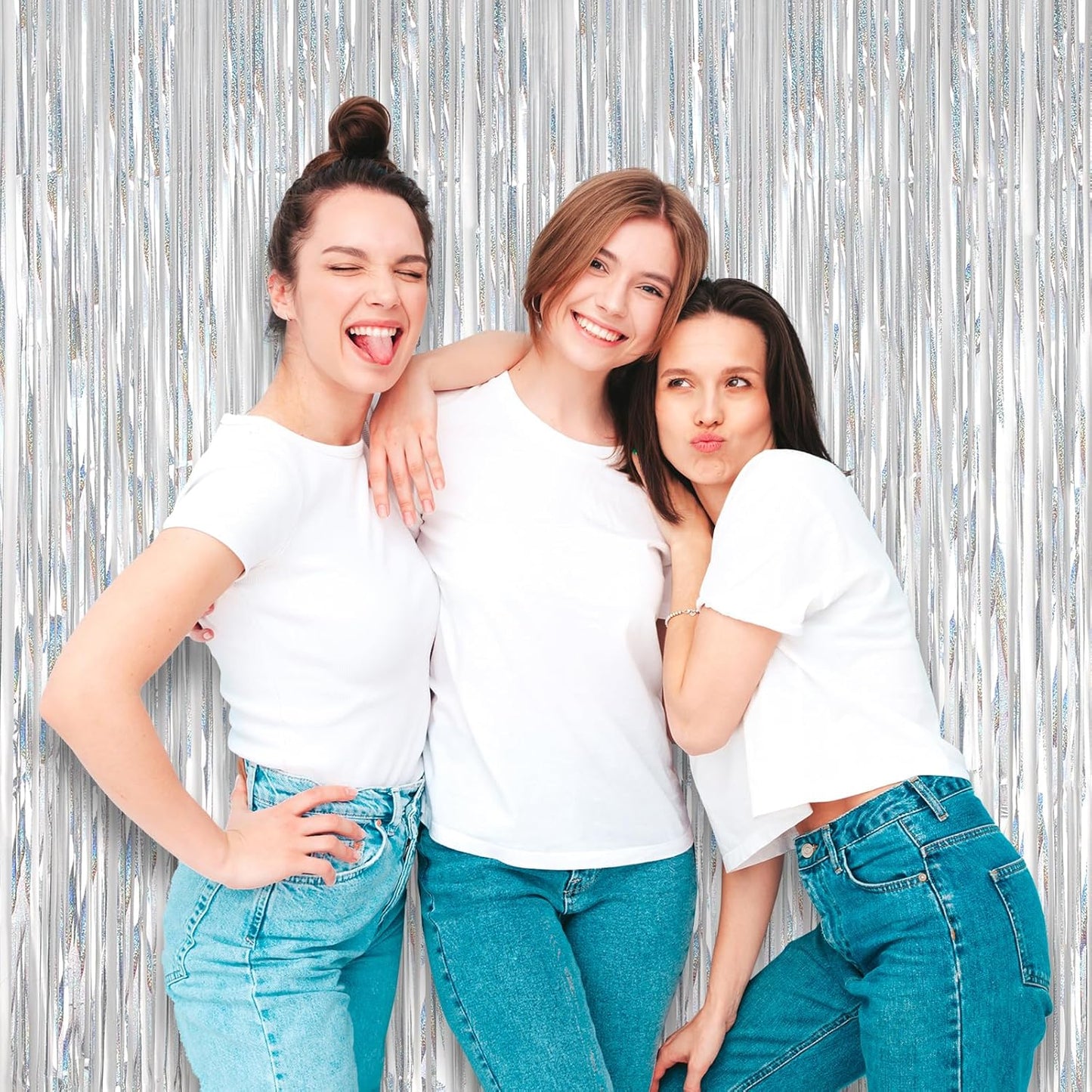 2 Pack Laser Silver Foil Fringe Backdrop Curtains, Tinsel Streamers Birthday Party Decorations, Fringe Backdrop for Graduation, Baby Shower, Gender Reveal, Disco Party