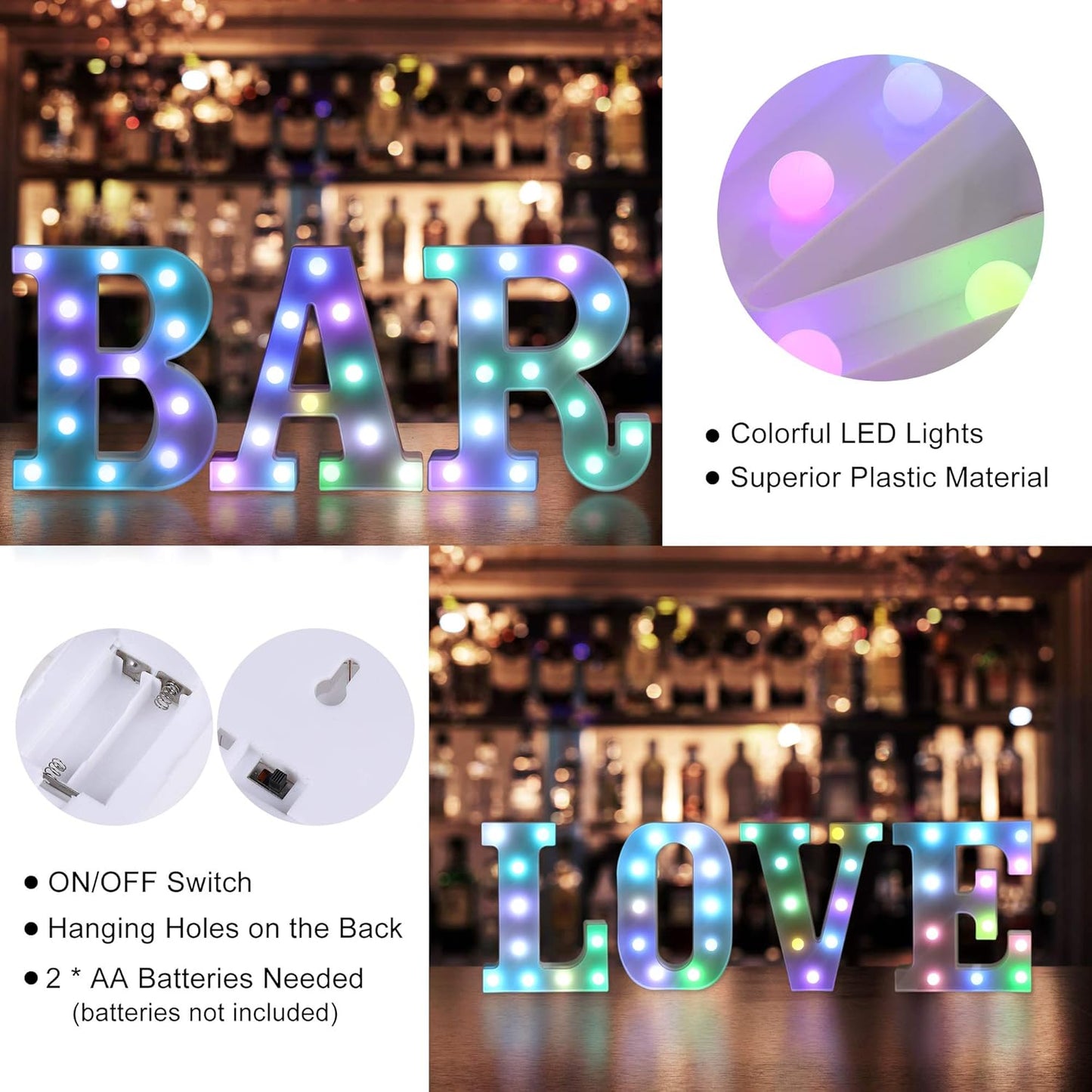 Foaky Colorful LED Letter Lights with Remote,Marquee Light Up Letters Sign for Night Light Wedding/Birthday Party Battery Powered Christmas Lamp Home Bar Decoration(H)