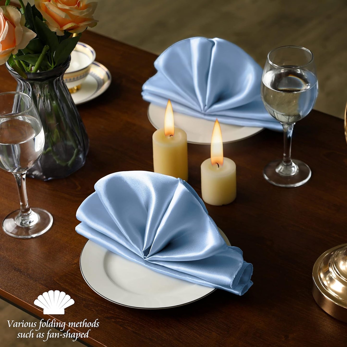 Manyshofu 50 Pieces Baby Blue Satin Napkins - 12x12 Inches Cloth Napkins, Square Satin Fabric Napkin Set - Elegant & Smooth Table Napkins for Wedding Dinner Party Lunch Banquet Restaurant Decoration